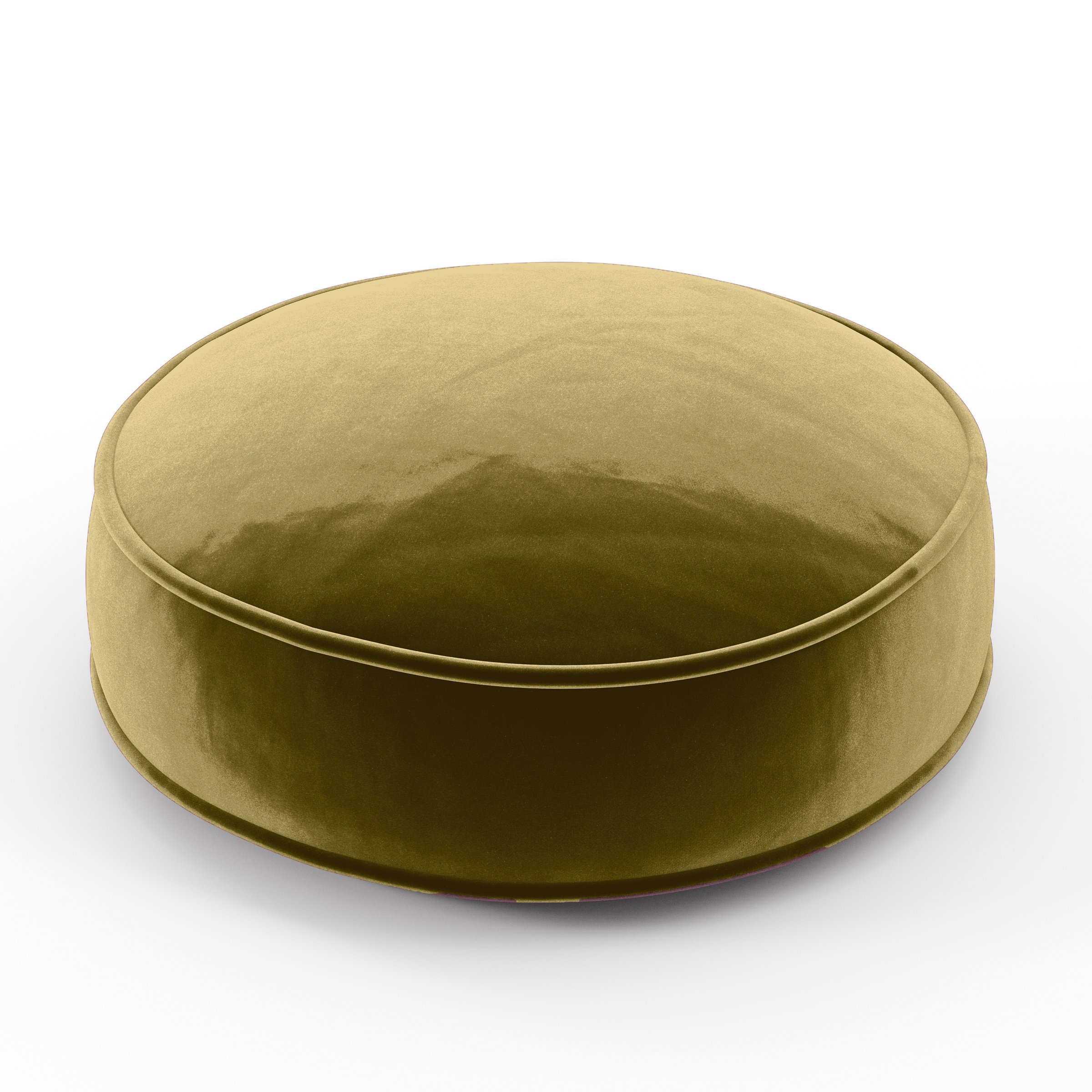 Orbit Cushion round cushion with piping upholstered in Plush EasyClean Velvet in Celery, size 40cm x 8.75cm.