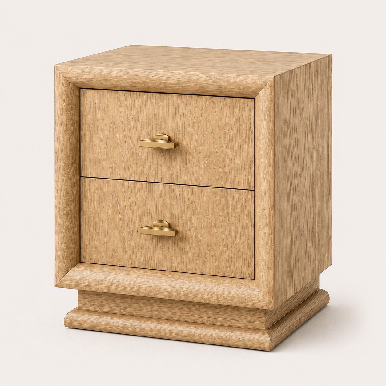 Nightstand 02 in natural oak shown from an angled view with brass drawer handles