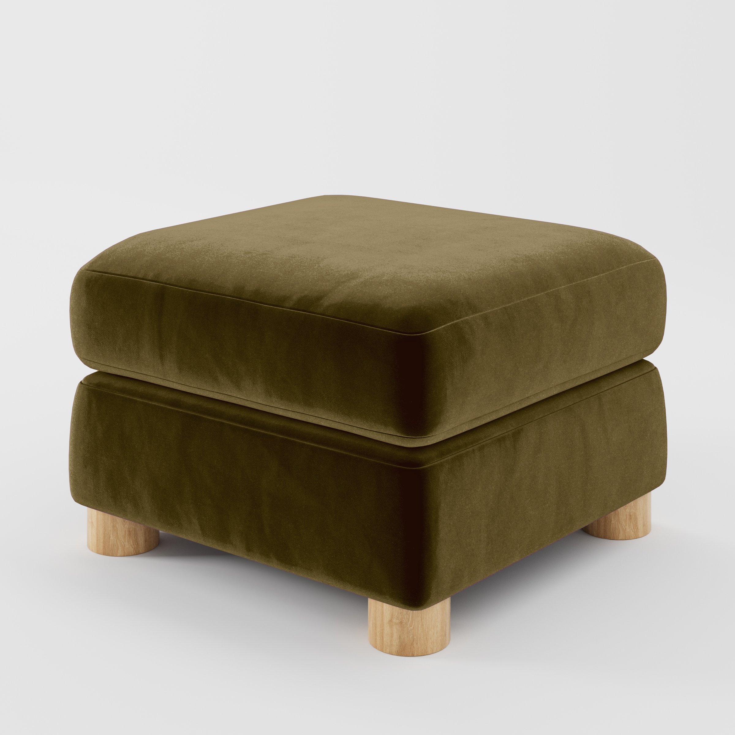 Diagonal view of the Windermere footstool upholstered in Plush EasyClean Velvet in Cedar.
