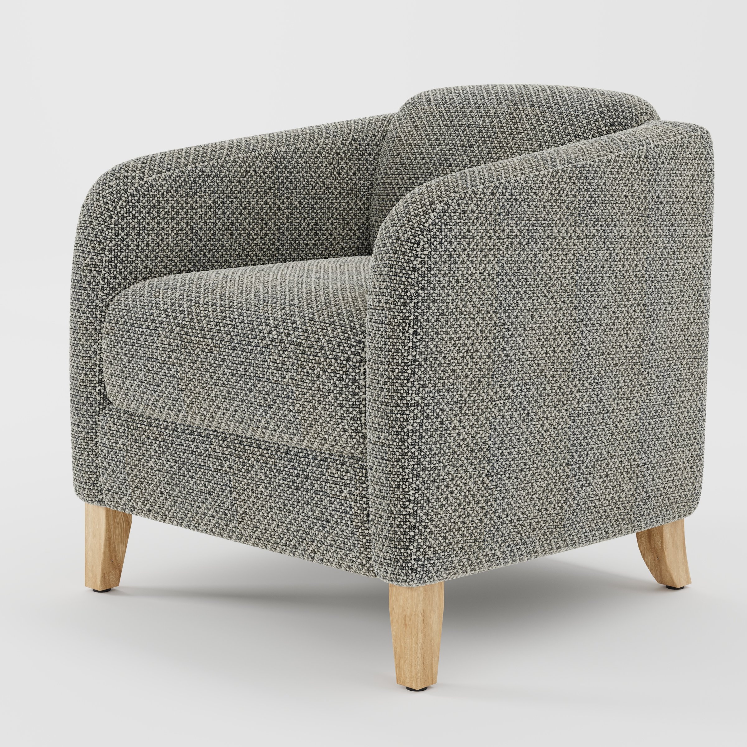 Erne armchair in Rousay Wool Blend Tar and Chalk shown at a diagonal angle highlighting curved arms and compact seat depth.
