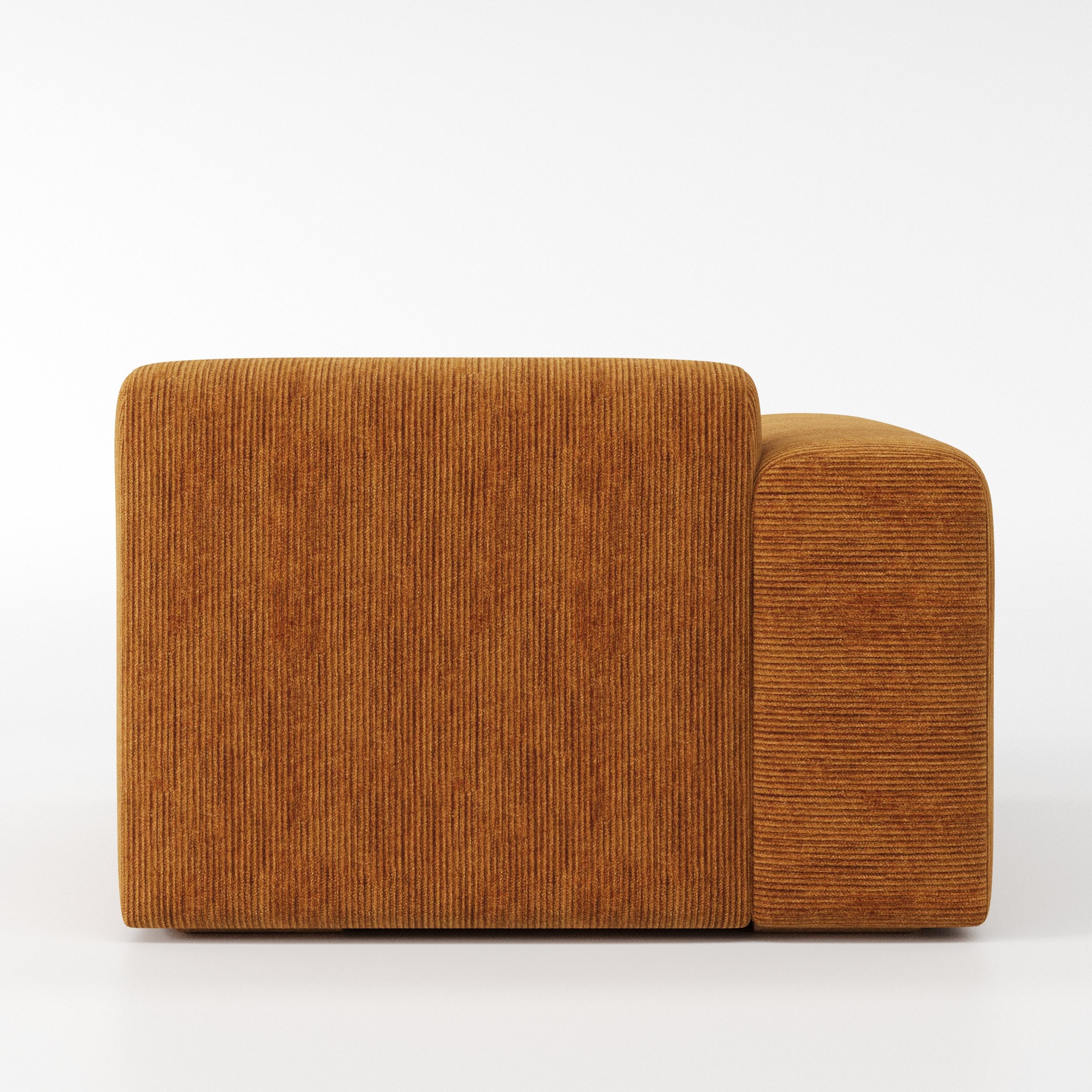 Drumquin modular sofa left side unit in Caldey Velvet Corduroy Tobacco shown from the back with a smooth, softly curved silhouette and armrest edge visible.