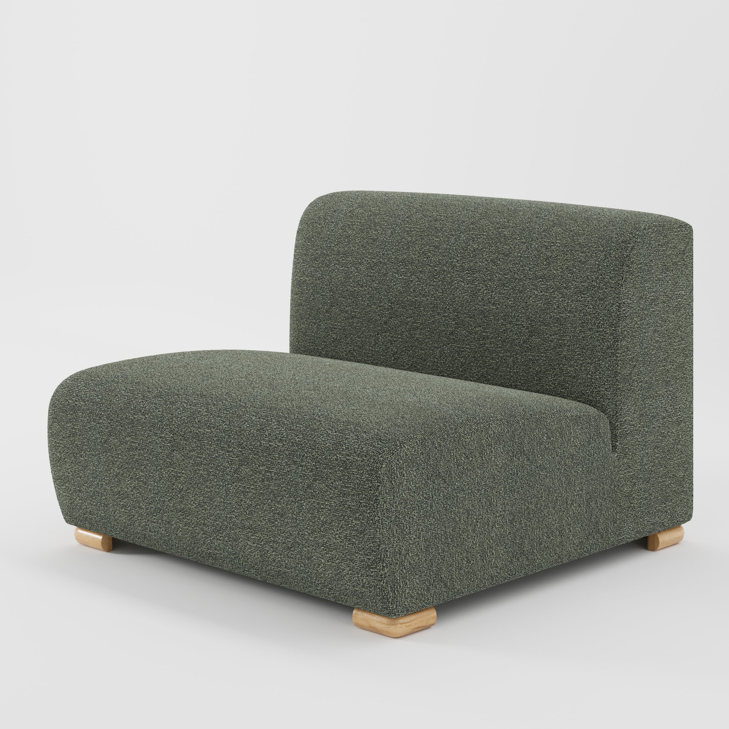 Tay single sofa unit in Kilda Bouclé Moss shown at a diagonal angle highlighting its soft rounded edges and compact, armless form.