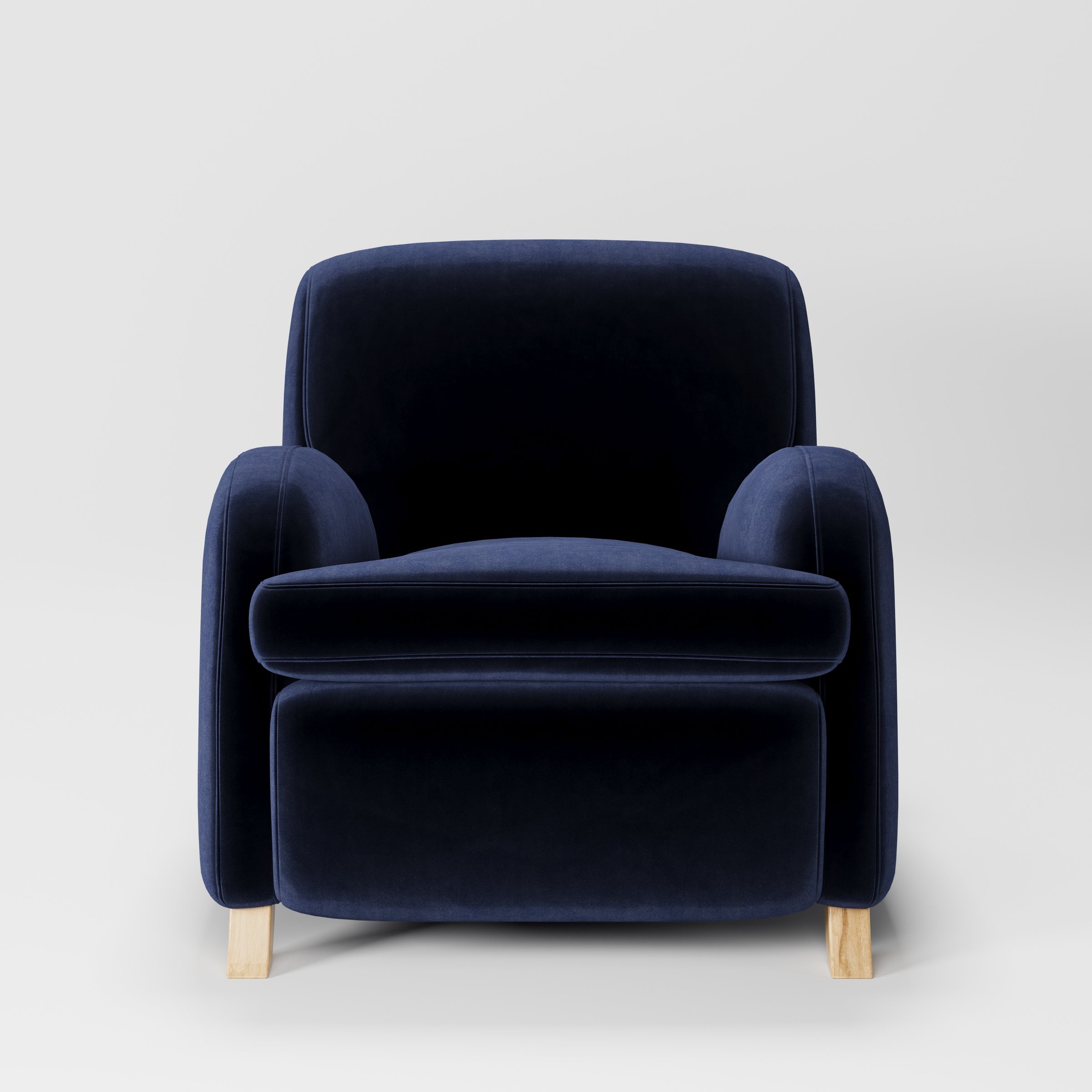 Rye armchair in Noss Velvet Navy shown front-on against a neutral studio backdrop.