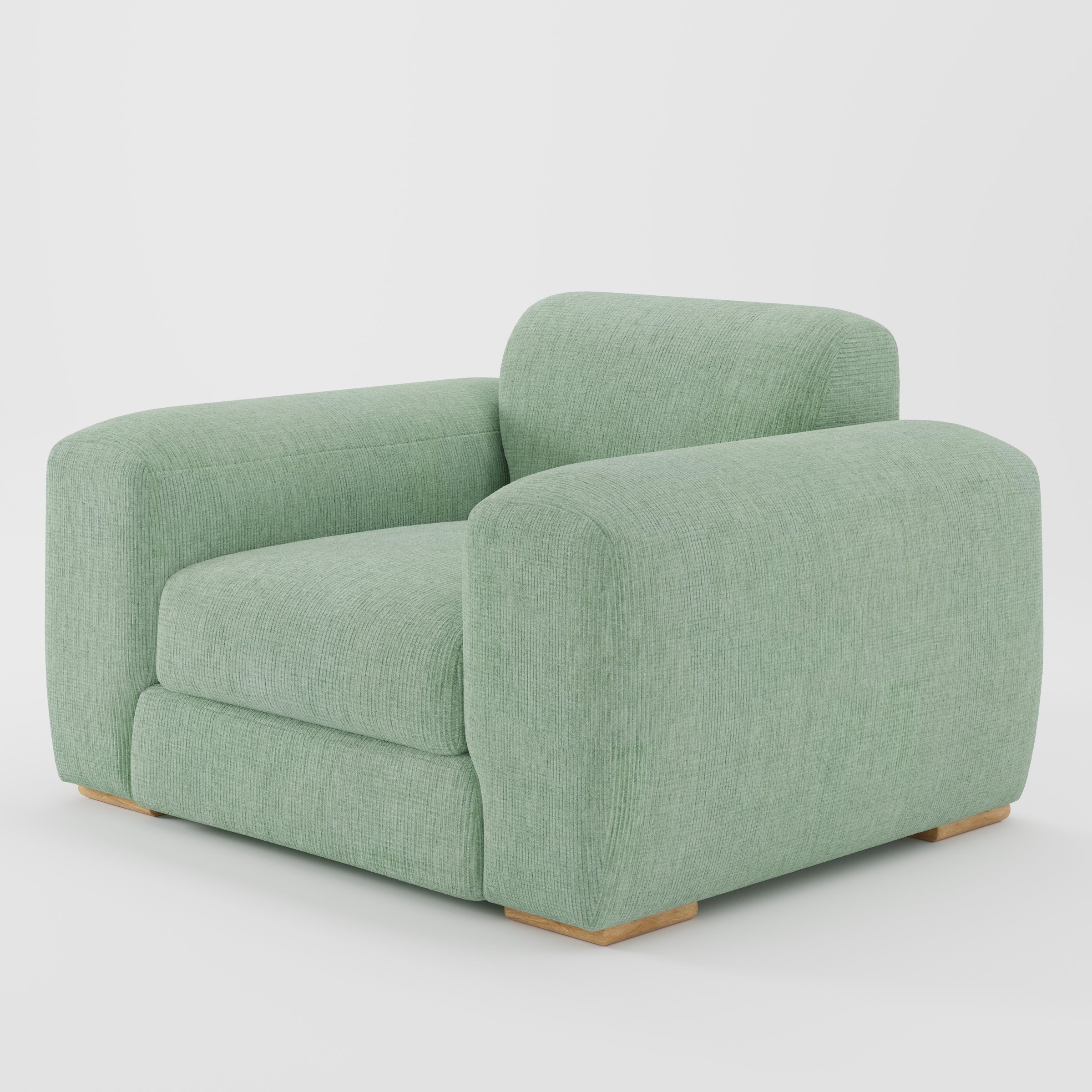 Darwell armchair in Caldey Velvet Corduroy Eucalyptus shown at a diagonal angle highlighting arms and seat depth.