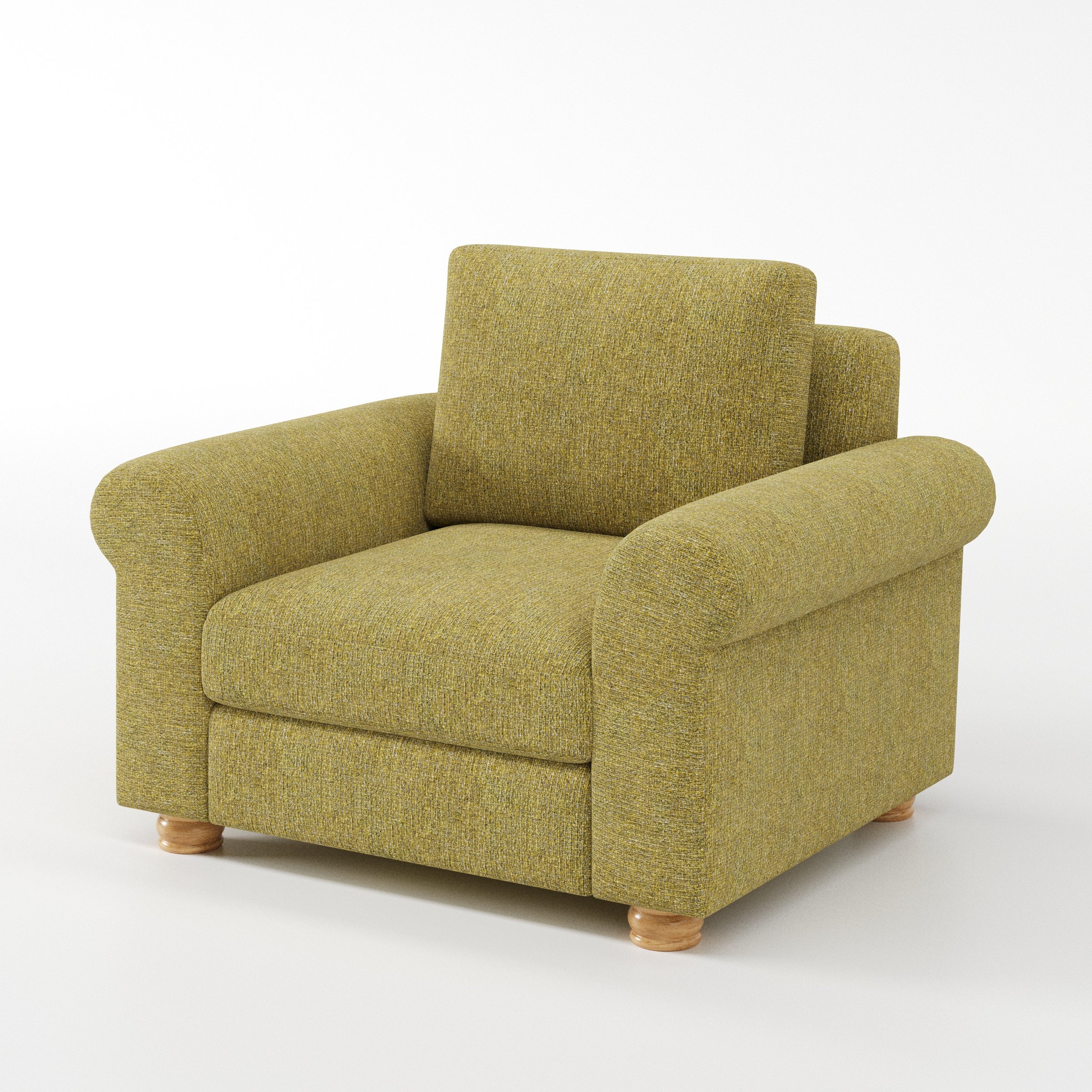 Anna Lee armchair in Heyling Tweed Sencha shown at a diagonal angle highlighting arms and seat depth.