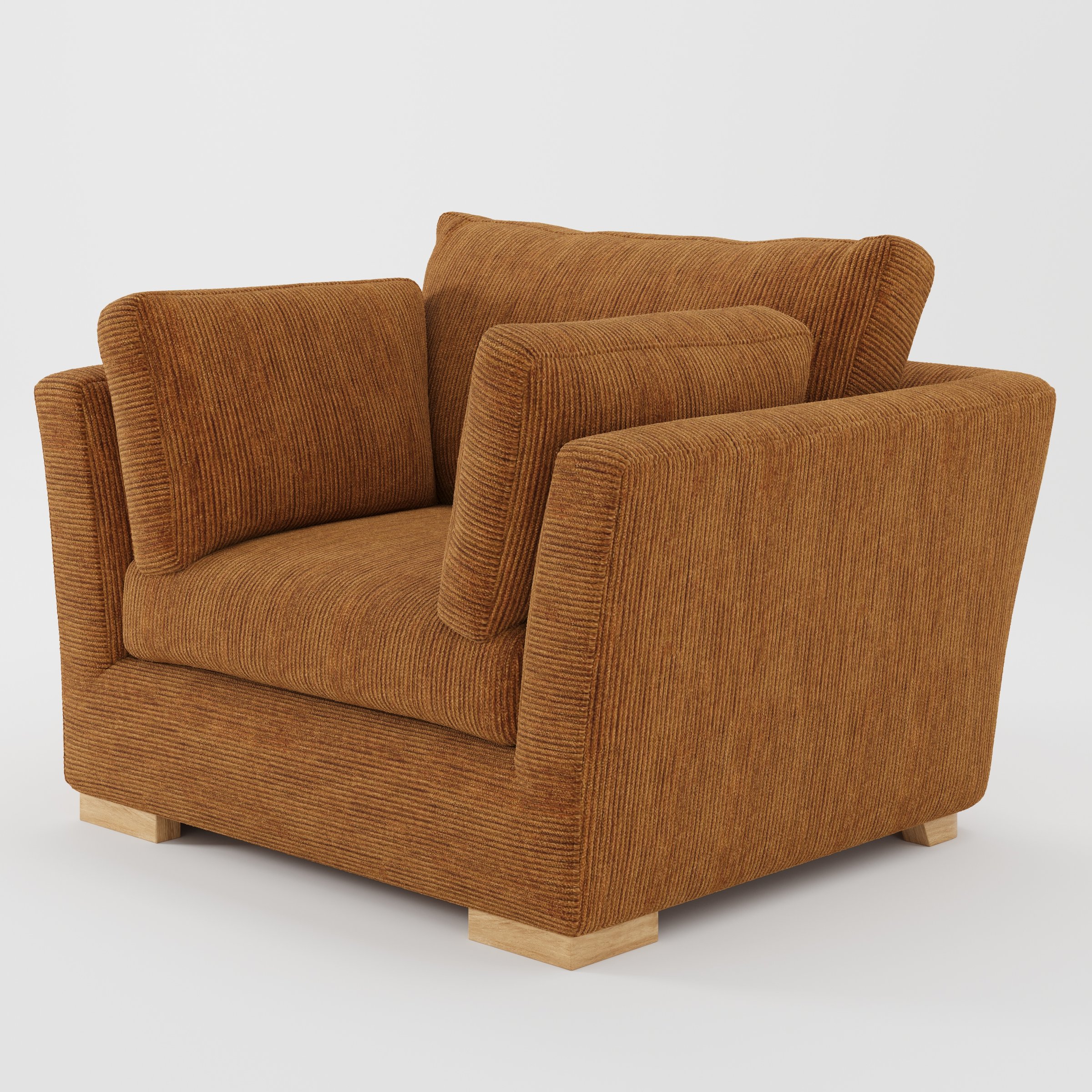 Stowe armchair in Caldey Velvet Corduroy Tobacco shown at a diagonal angle highlighting splayed arms and seat depth.