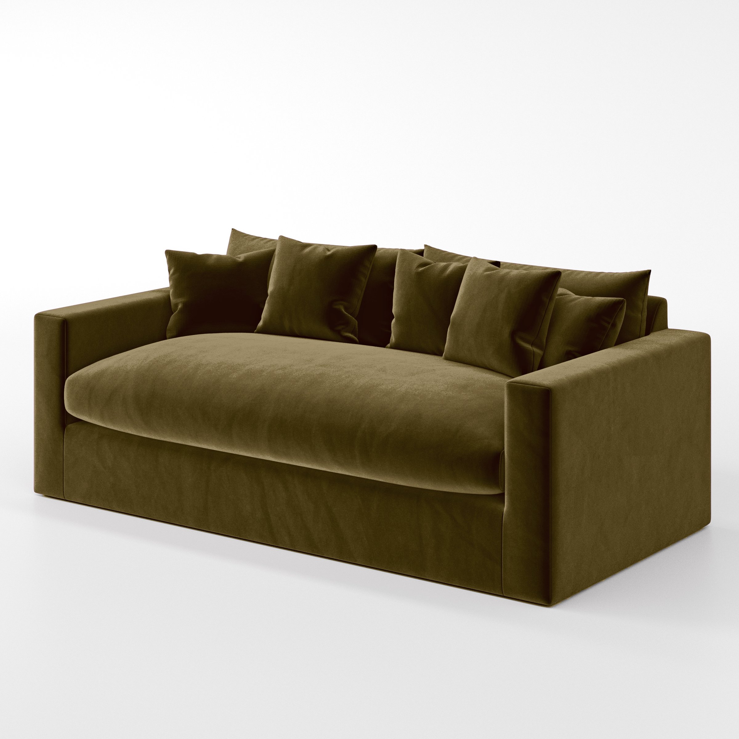 Diagonal view of the Coniston sofa upholstered in Plush EasyClean Velvet in Cedar.