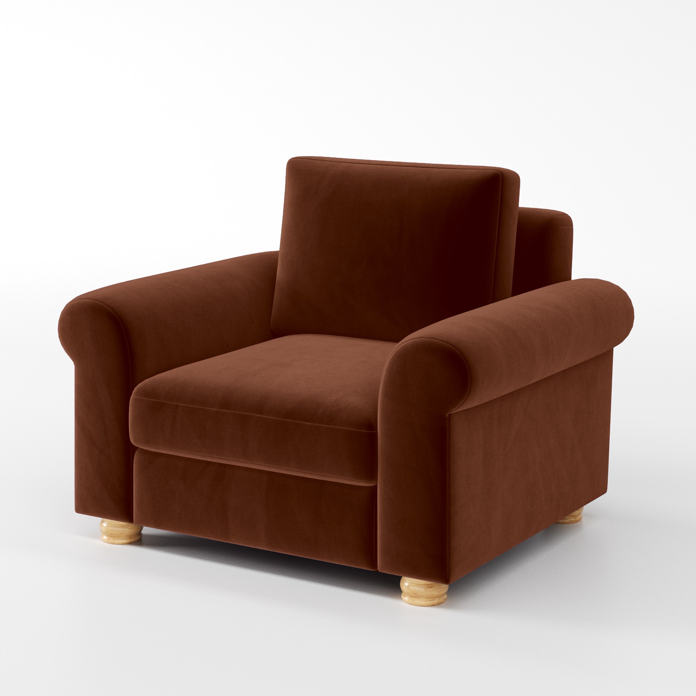 Diagonal view of the Anna Lee armchair upholstered in Plush EasyClean Velvet in Maple.