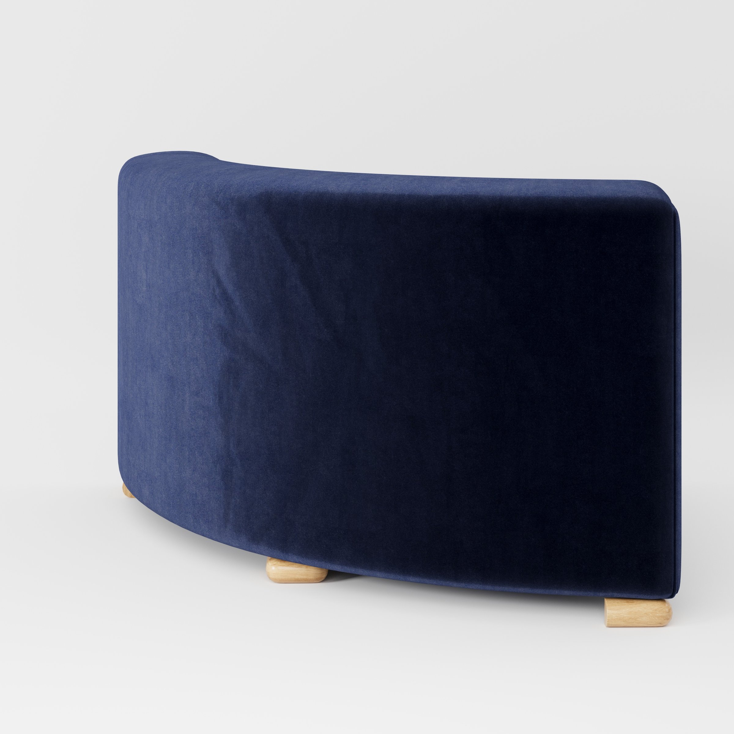 Tay corner sofa unit in Noss Velvet Navy shown from the back with a smooth curved silhouette and timber feet.