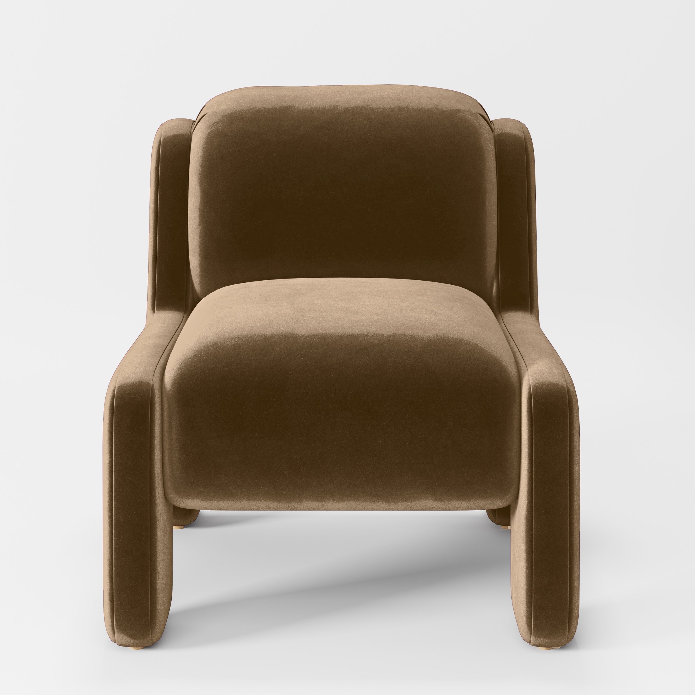 Front view of the Inny armchair upholstered in Plush EasyClean Velvet in Caribou.