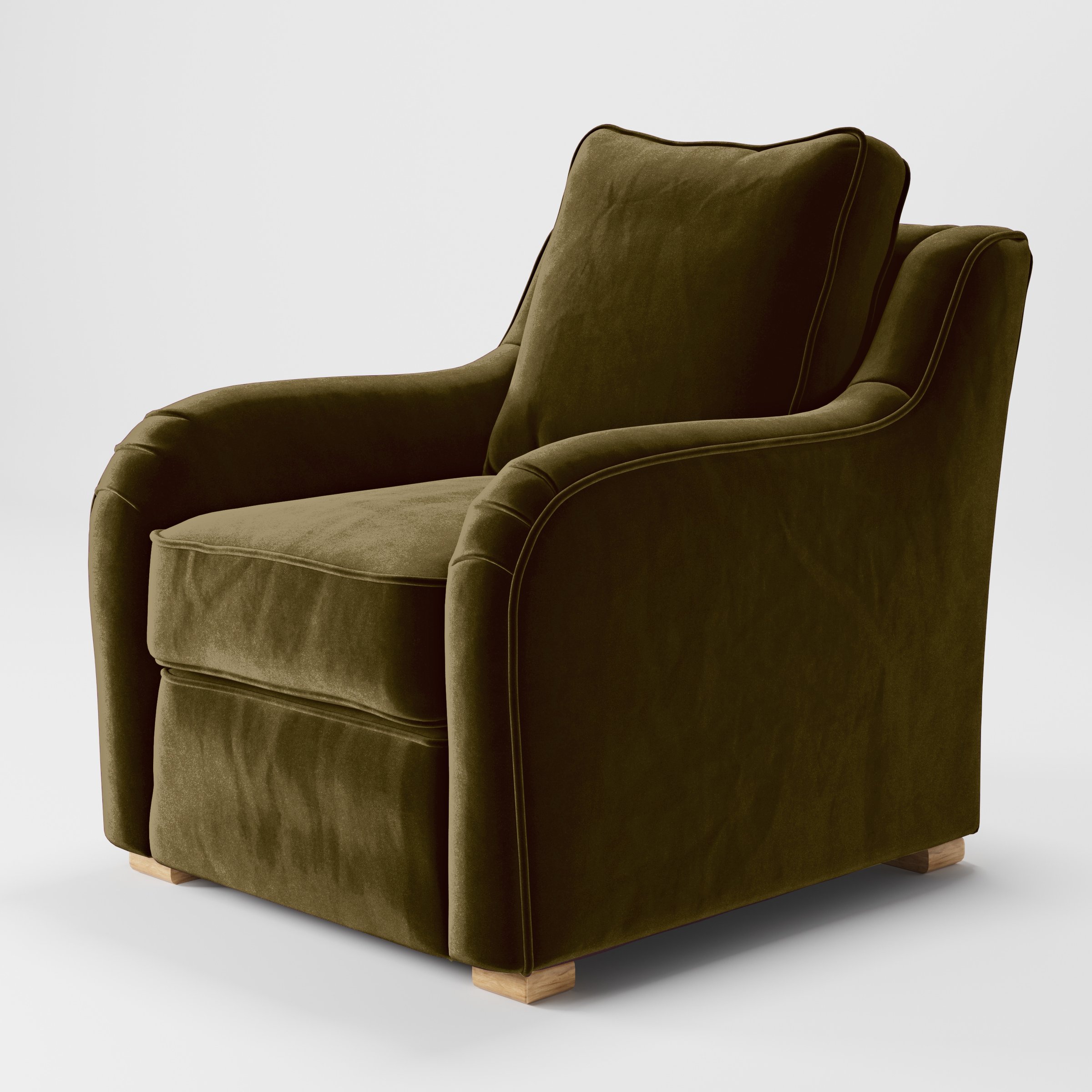 Diagonal view of the Cashel armchair upholstered in Plush EasyClean Velvet in Cedar.