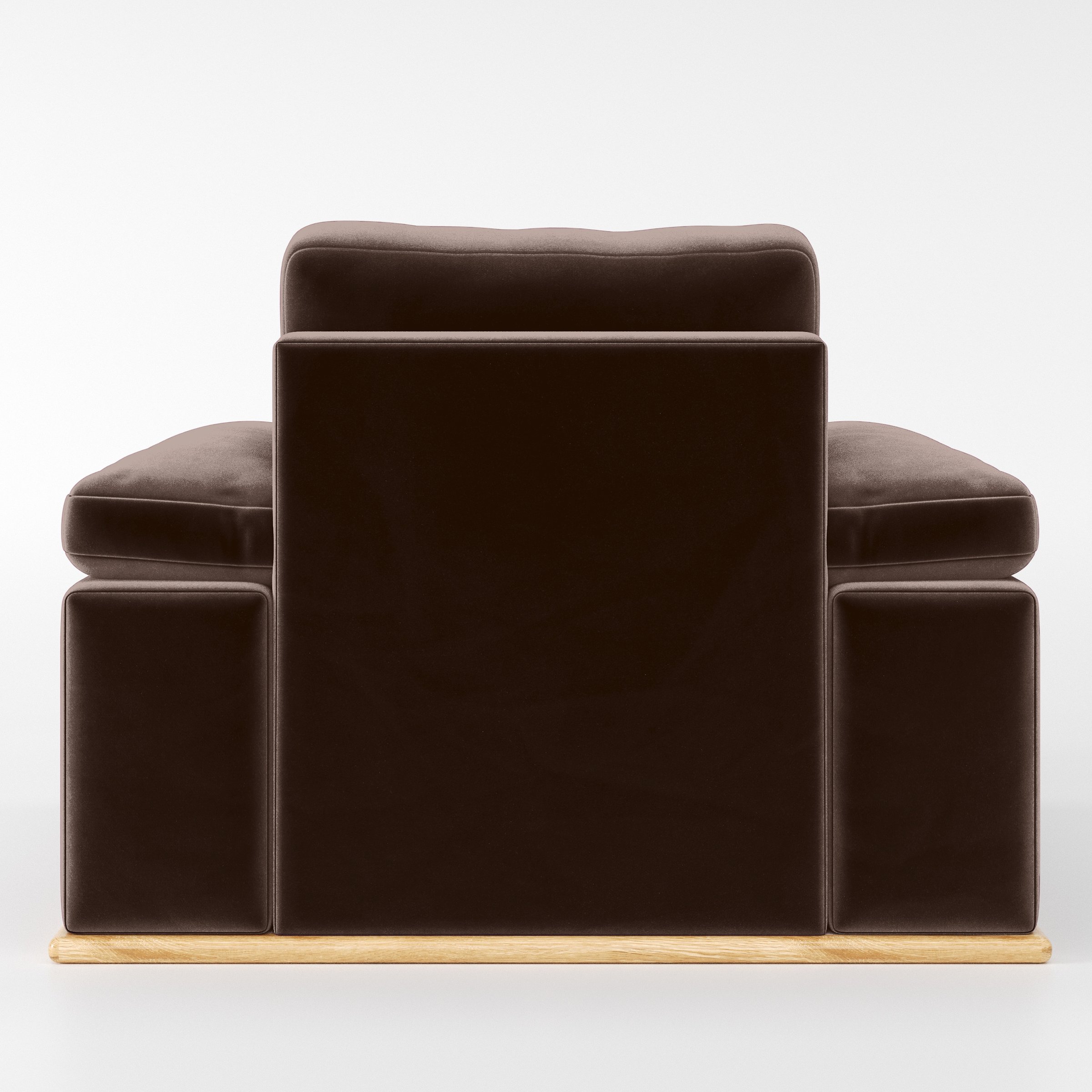 Rear view of the Cusher armchair upholstered in Plush EasyClean Velvet in Mole.