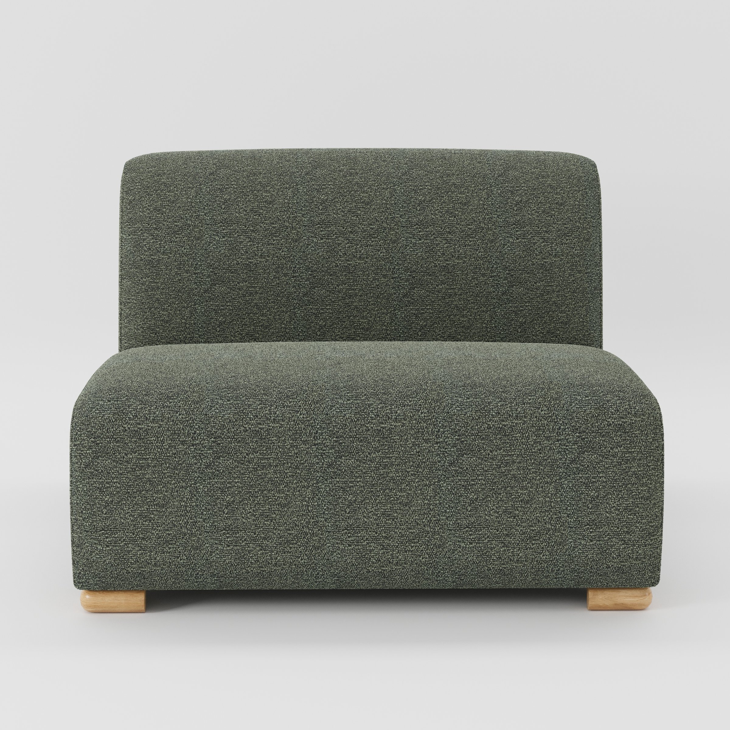 Tay single sofa unit in Kilda Bouclé Moss shown from the front with a low, armless design, deep seat and visible timber feet.