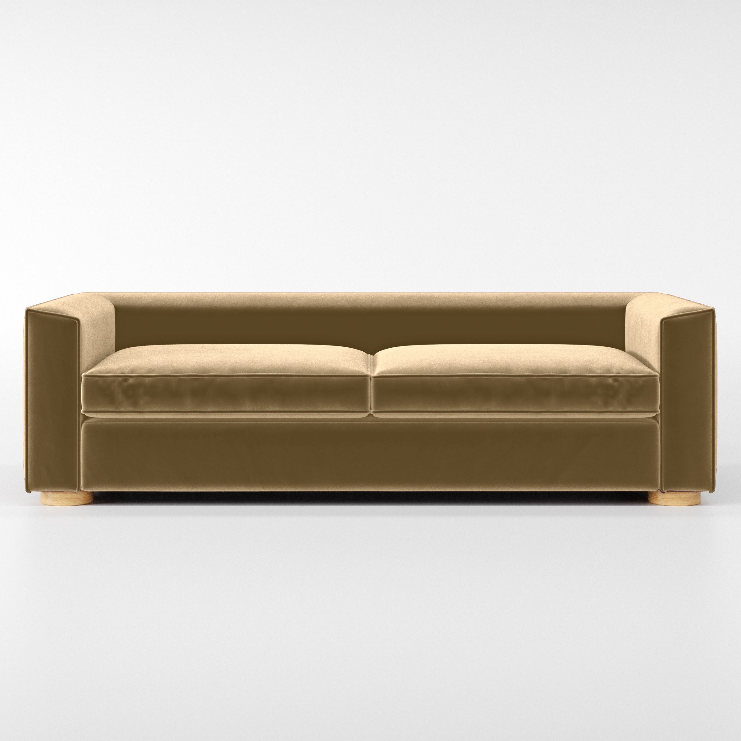 Front view of the Feale sofa upholstered in Plush EasyClean Velvet in Cafe.