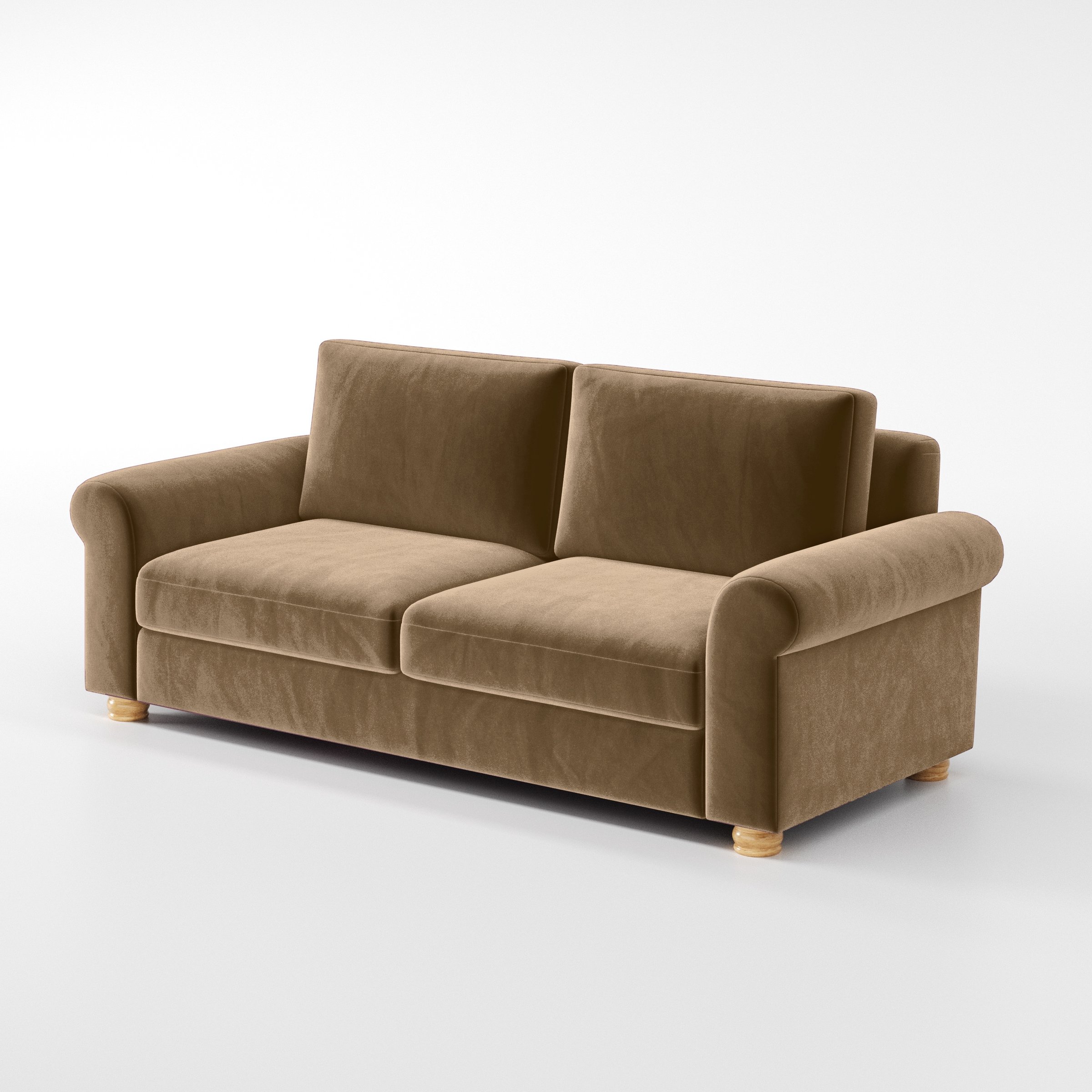 Diagonal view of the Anna Lee sofa upholstered in Plush EasyClean Velvet in Caribou.