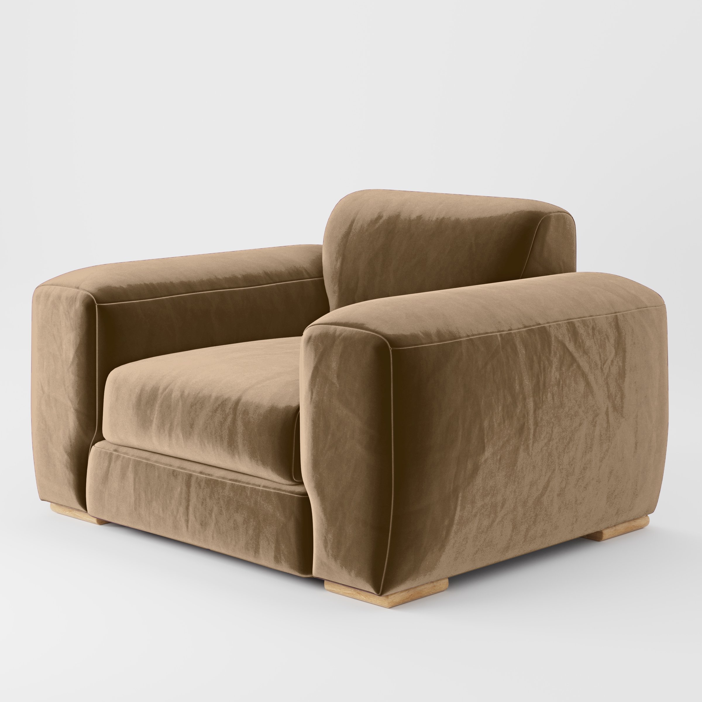 Diagonal view of the Darwell armchair upholstered in Plush EasyClean Velvet in Caribou.