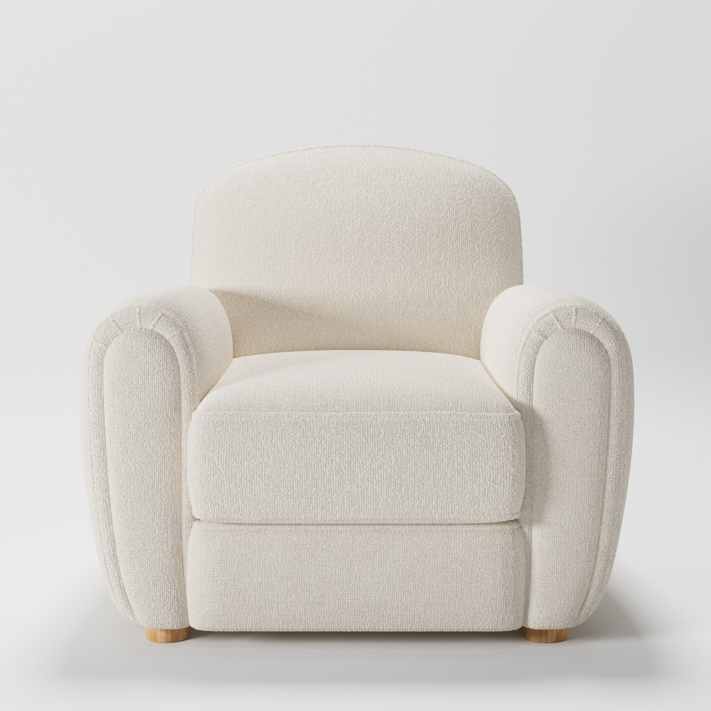 Fergus armchair in Kilda Boucle Cream shown front-on against a neutral studio backdrop.
