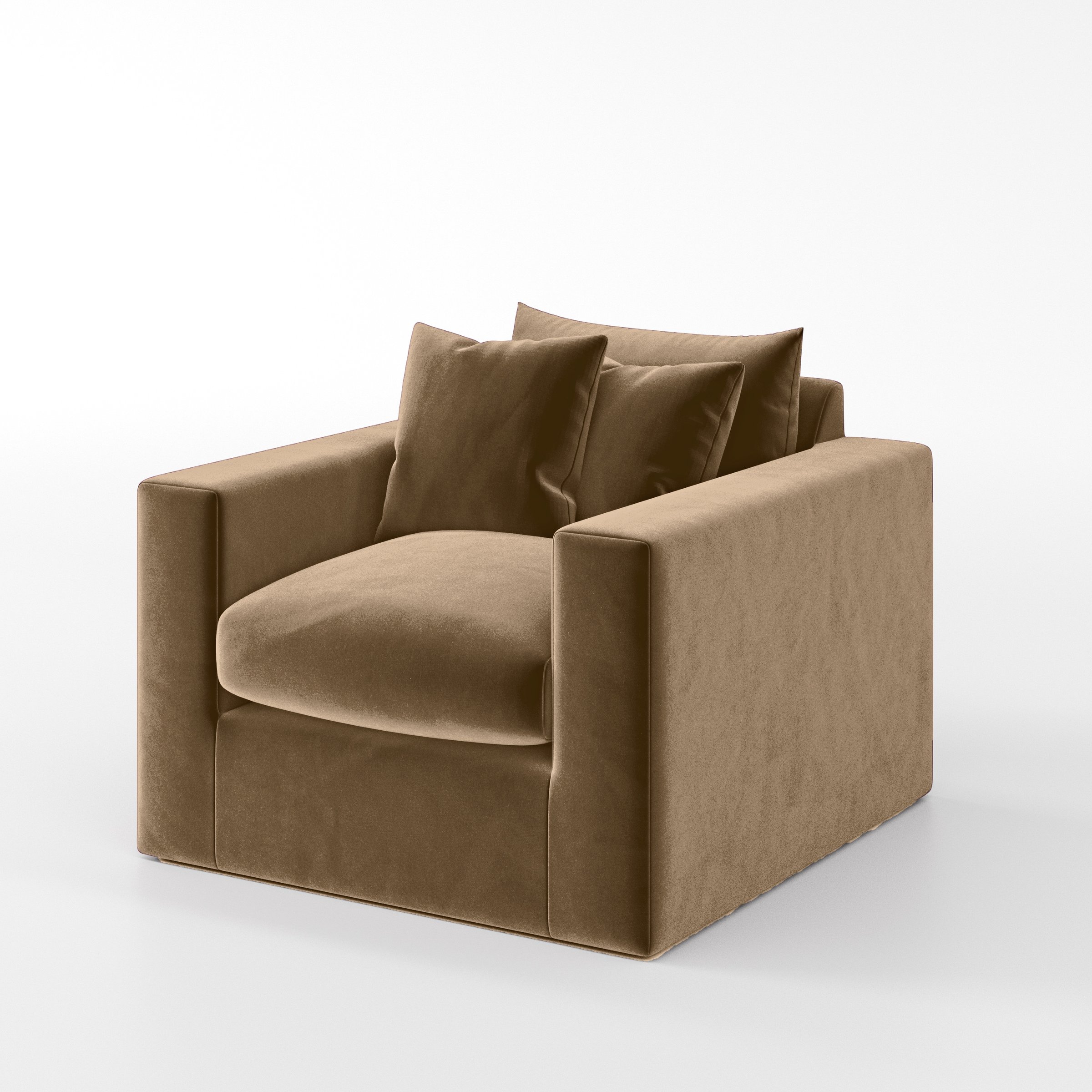 Diagonal view of the Coniston armchair upholstered in Plush EasyClean Velvet in Caribou.