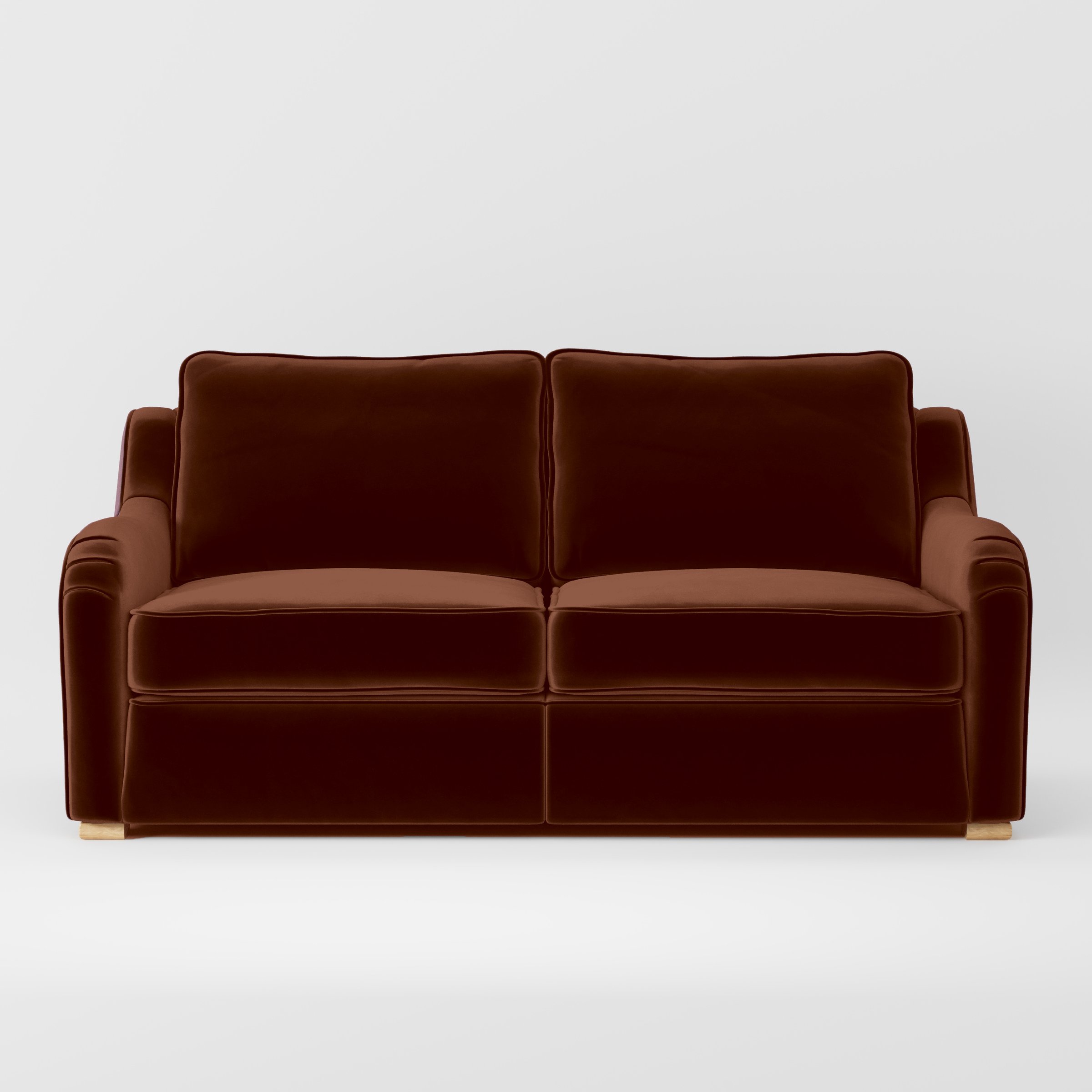 Front view of the Cashel sofa upholstered in Plush EasyClean Velvet in Maple.