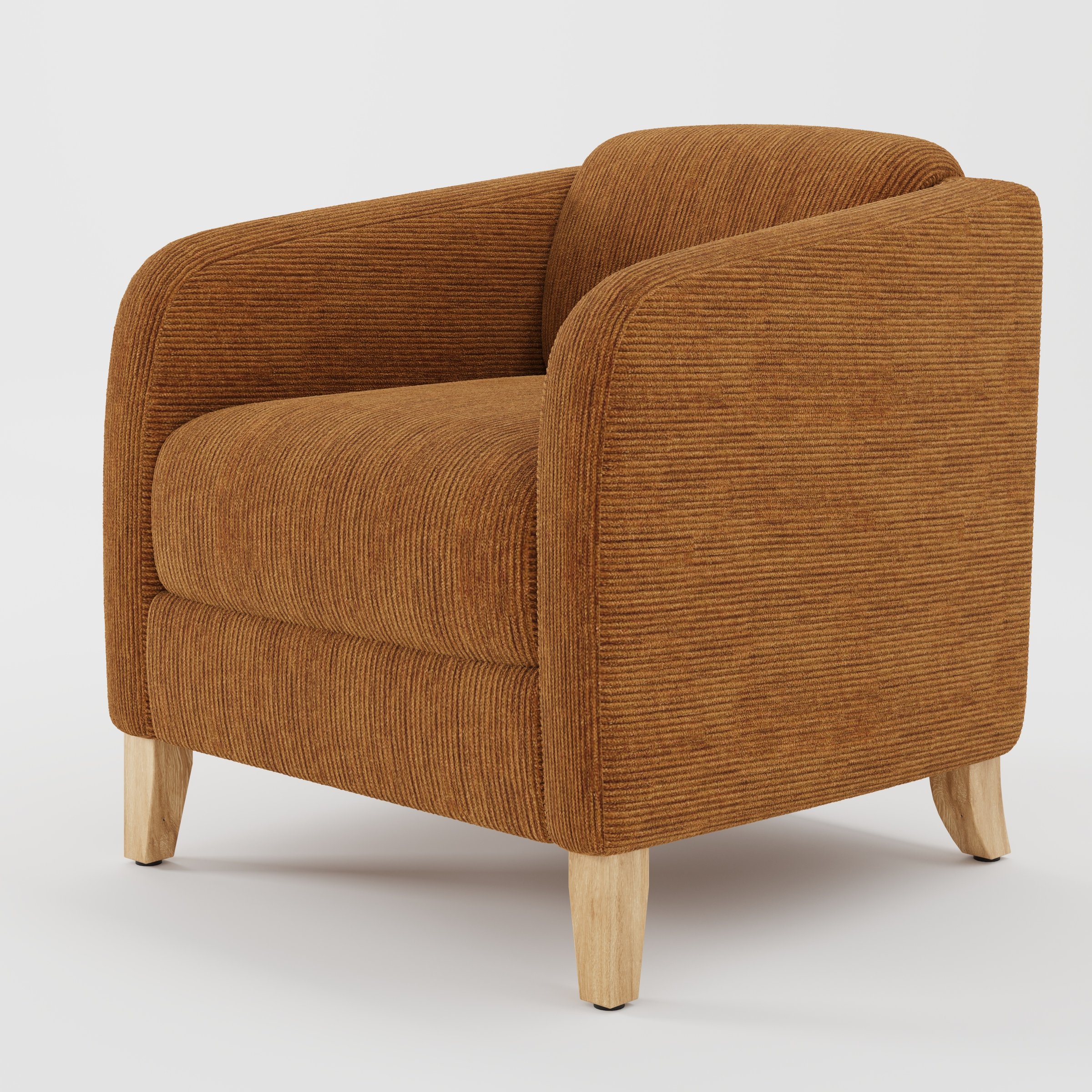 Erne armchair in Caldey Velvet Corduroy Tobacco shown at a diagonal angle highlighting curved arms and compact seat depth.