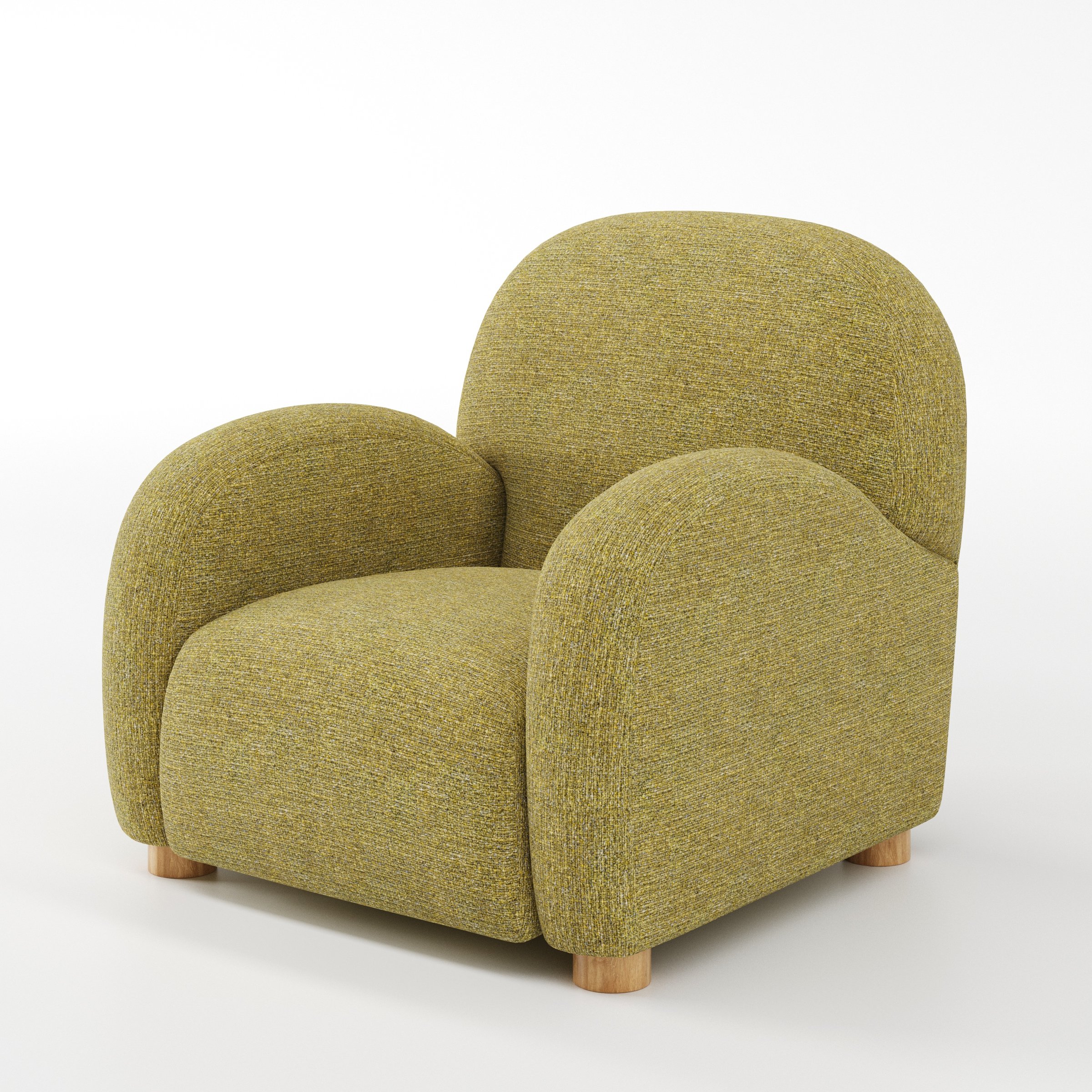 Awe armchair in Heyling Tweed Sencha shown at a diagonal angle highlighting arms and seat depth.