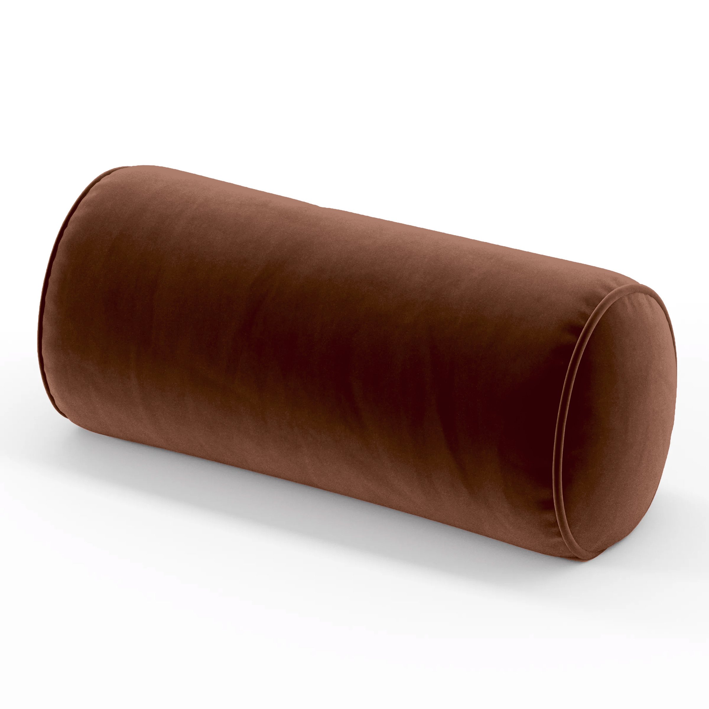 Ledger Cushion cylindrical bolster cushion with piping upholstered in Plush EasyClean Velvet in Maple, size 26cm x 56cm.