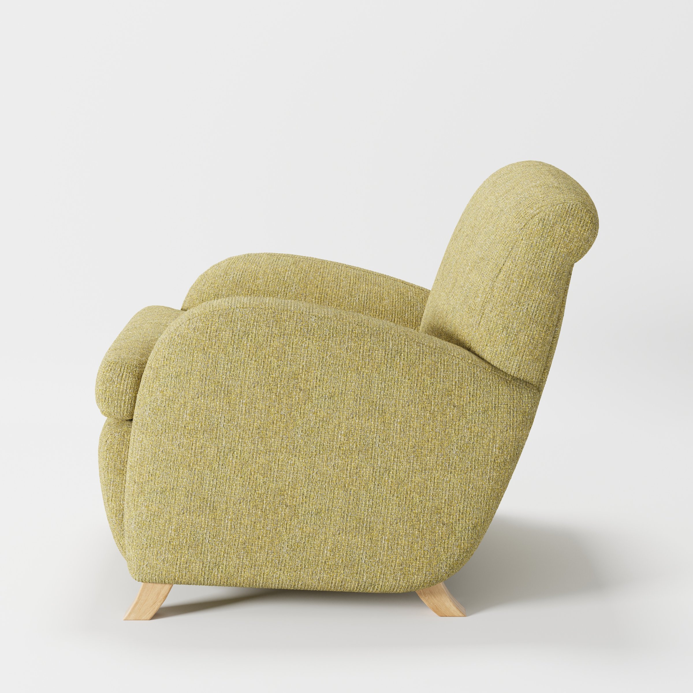 Rye armchair in Heyling Tweed Sencha shown in side profile displaying proportions and overall silhouette.