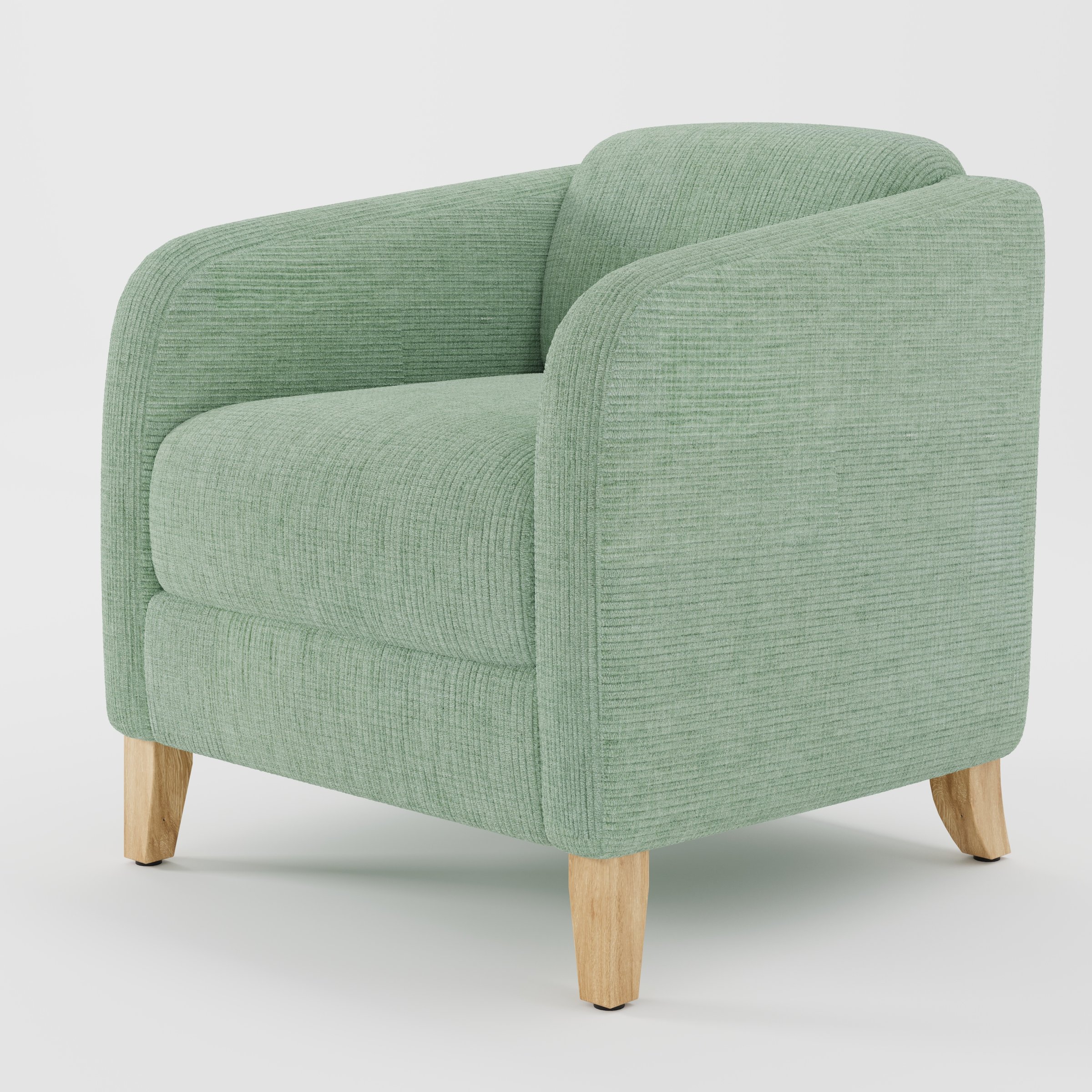 Erne armchair in Caldey Velvet Corduroy Eucalyptus shown at a diagonal angle highlighting curved arms and compact seat depth.