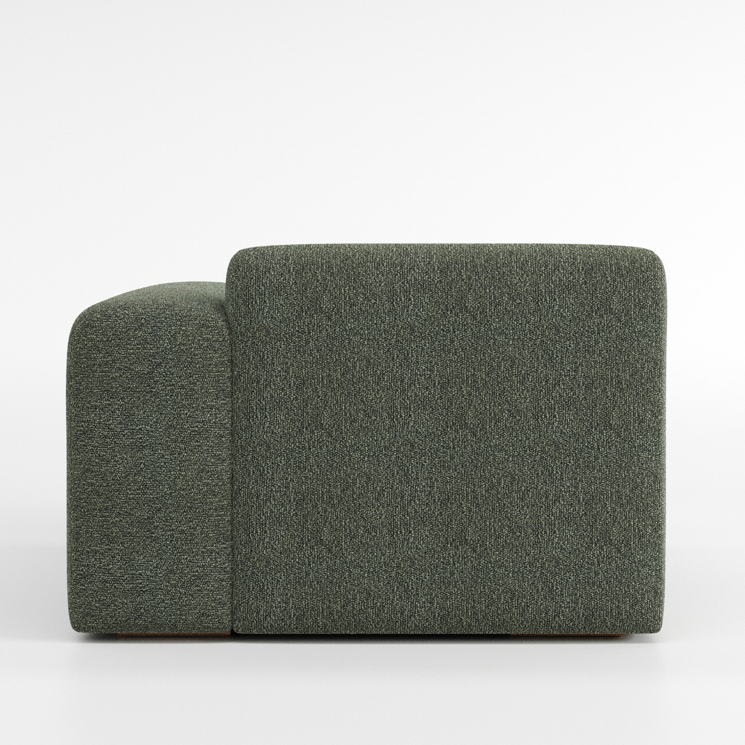 Drumquin modular sofa right side unit in Kilda Bouclé Moss shown from the back with a smooth, softly curved silhouette and armrest edge visible.