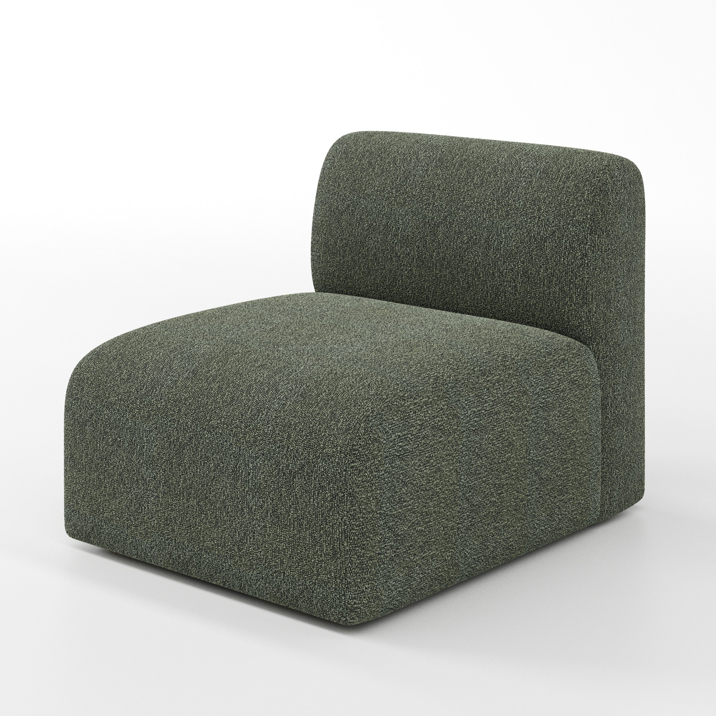 Drumquin modular sofa single unit in Kilda Bouclé Moss shown at a diagonal angle highlighting its curved form and generous proportions.