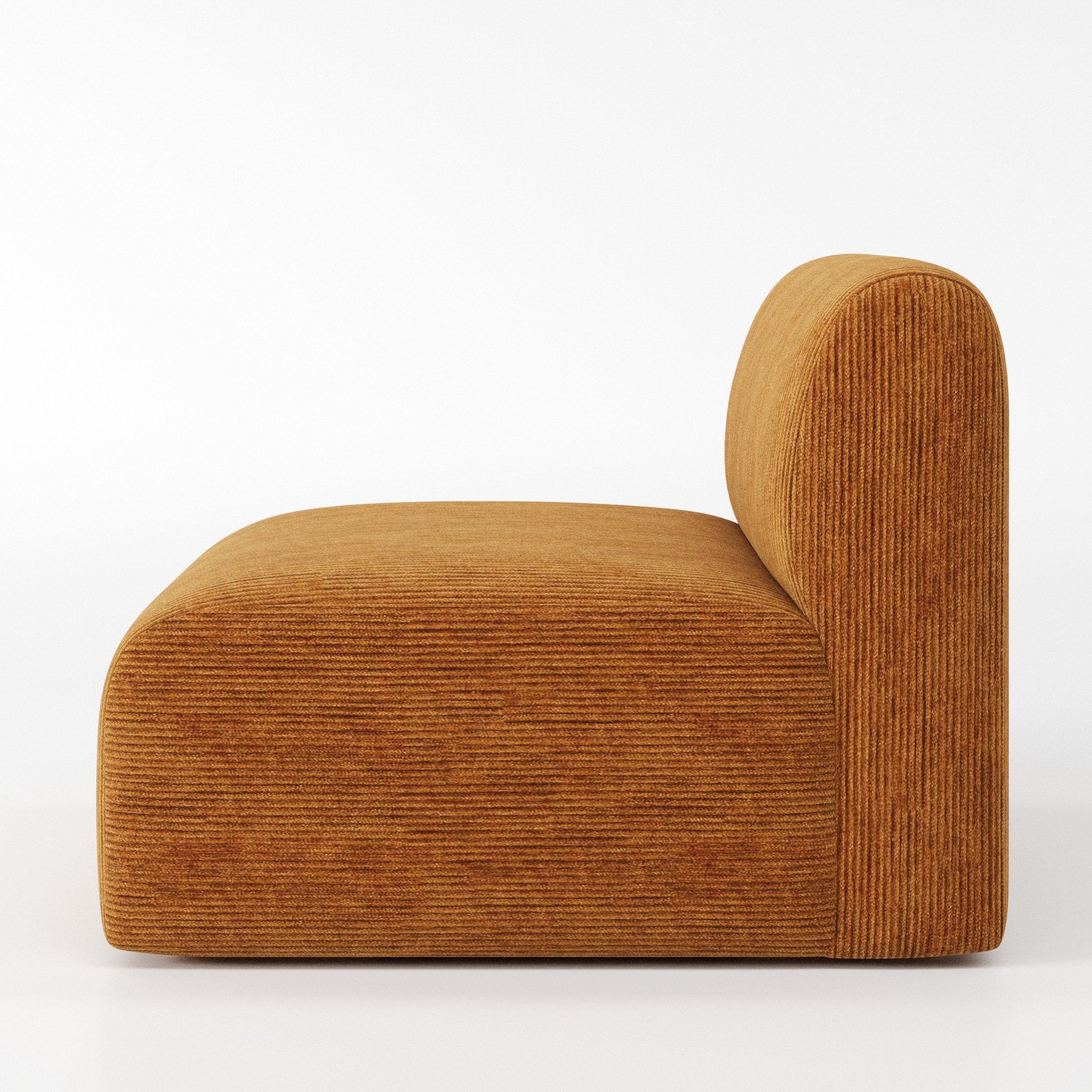 Drumquin modular sofa single unit in Caldey Velvet Corduroy Tobacco shown from the side showing the rounded backrest and deep seat profile.