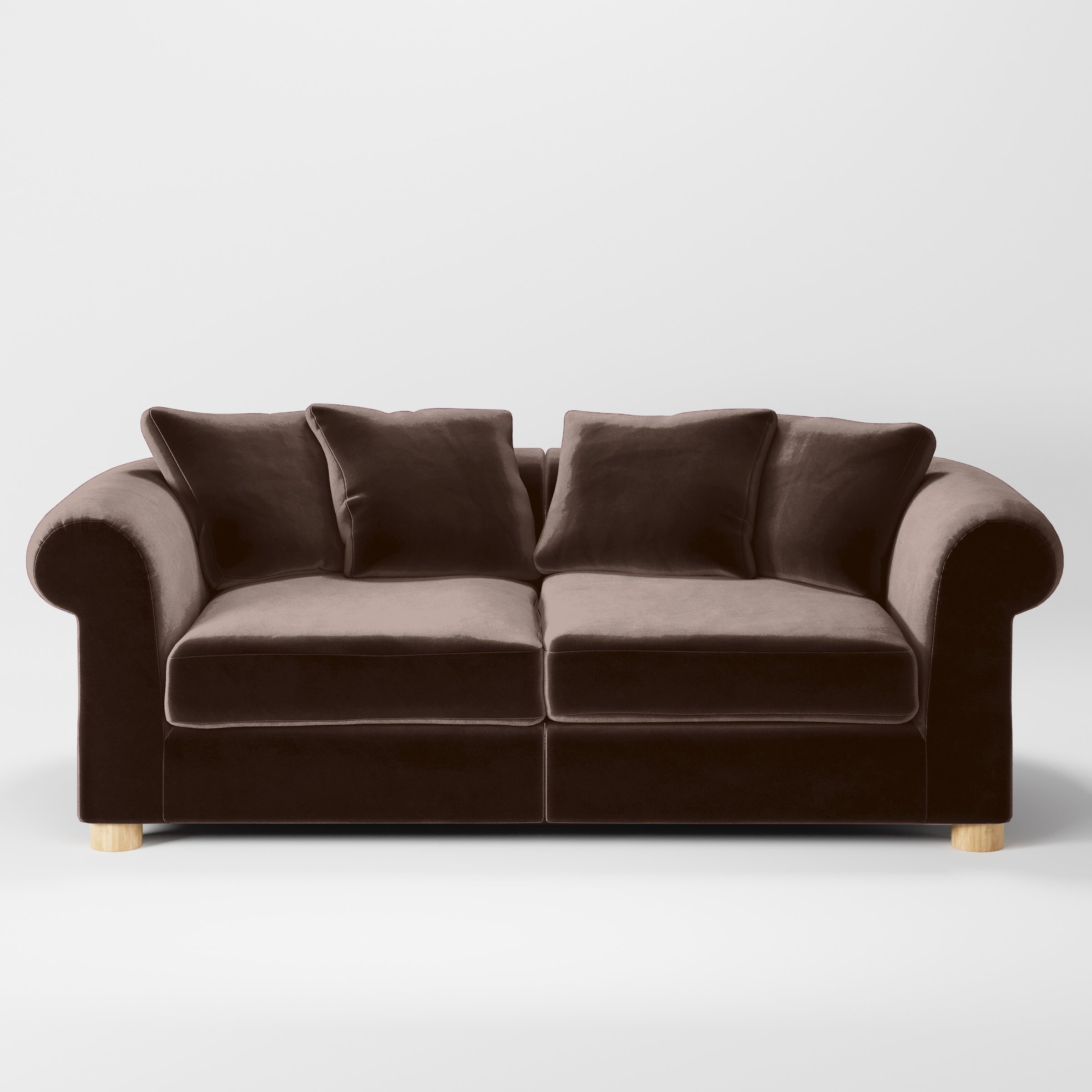 Front view of the Windermere sofa upholstered in Plush EasyClean Velvet in Mole.
