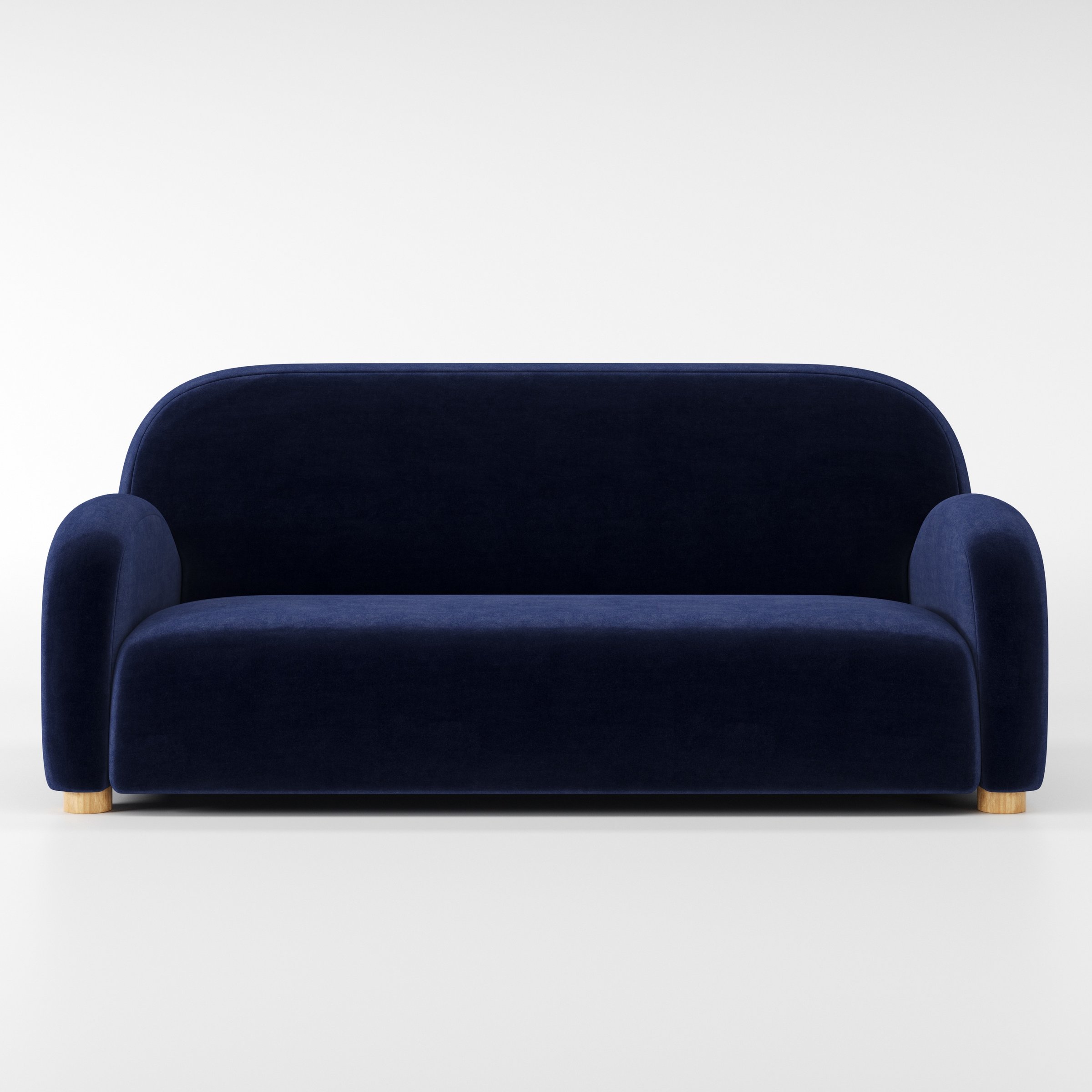 Awe sofa in Noss Velvet Navy shown front-on against a neutral studio backdrop.