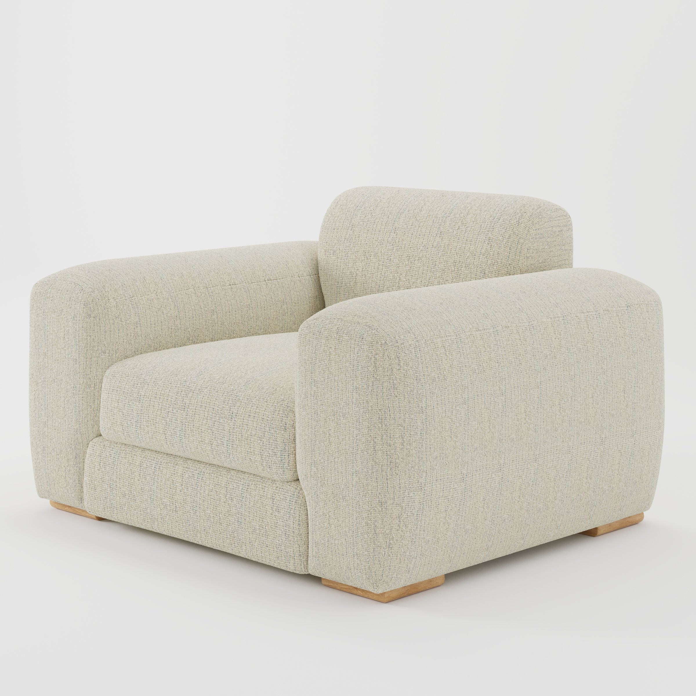 Darwell armchair in Orsay Boucle Cream and Marine shown at a diagonal angle highlighting arms and seat depth.