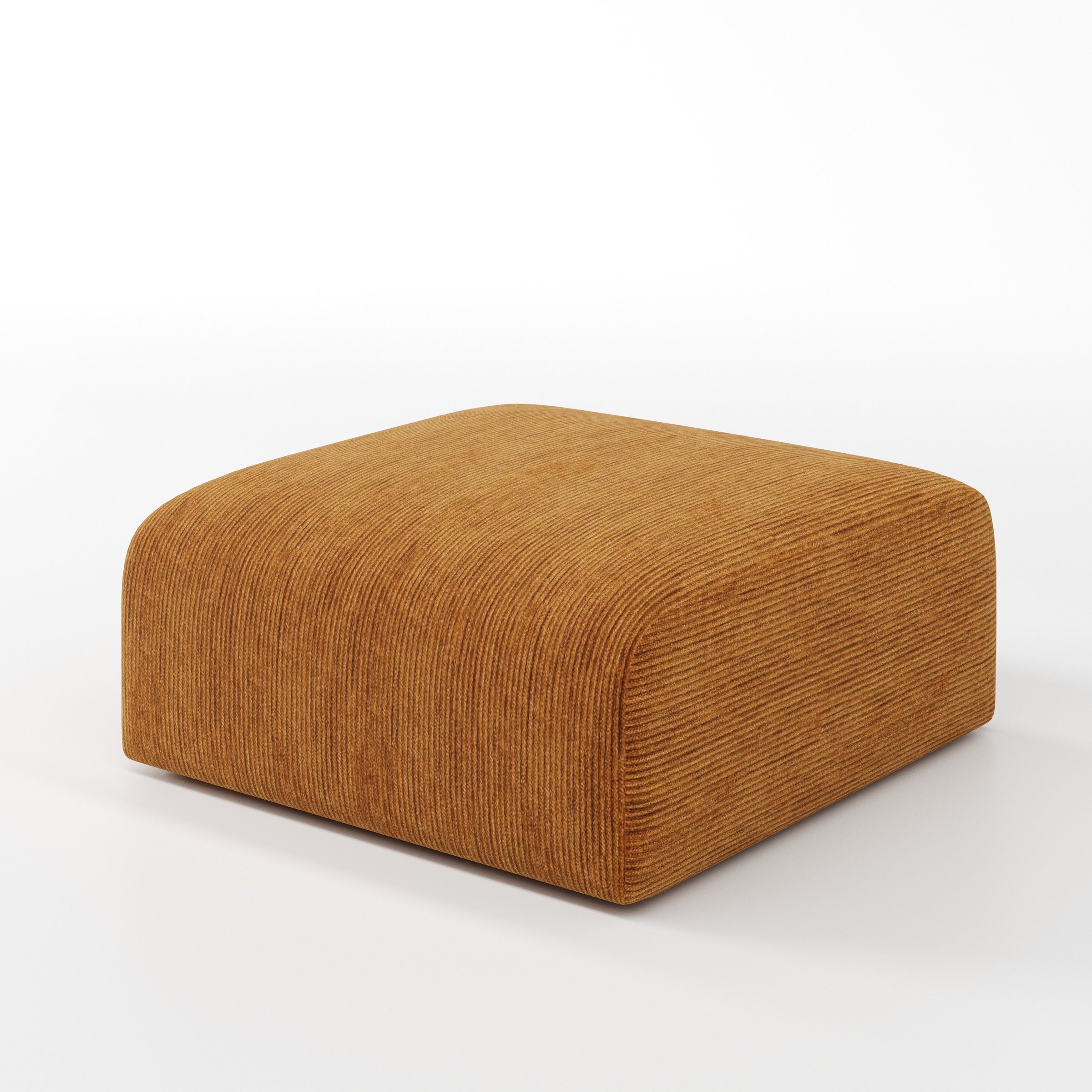 Drumquin footstool in Caldey Velvet Corduroy Tobacco shown at a diagonal angle highlighting smooth sides and minimal silhouette.