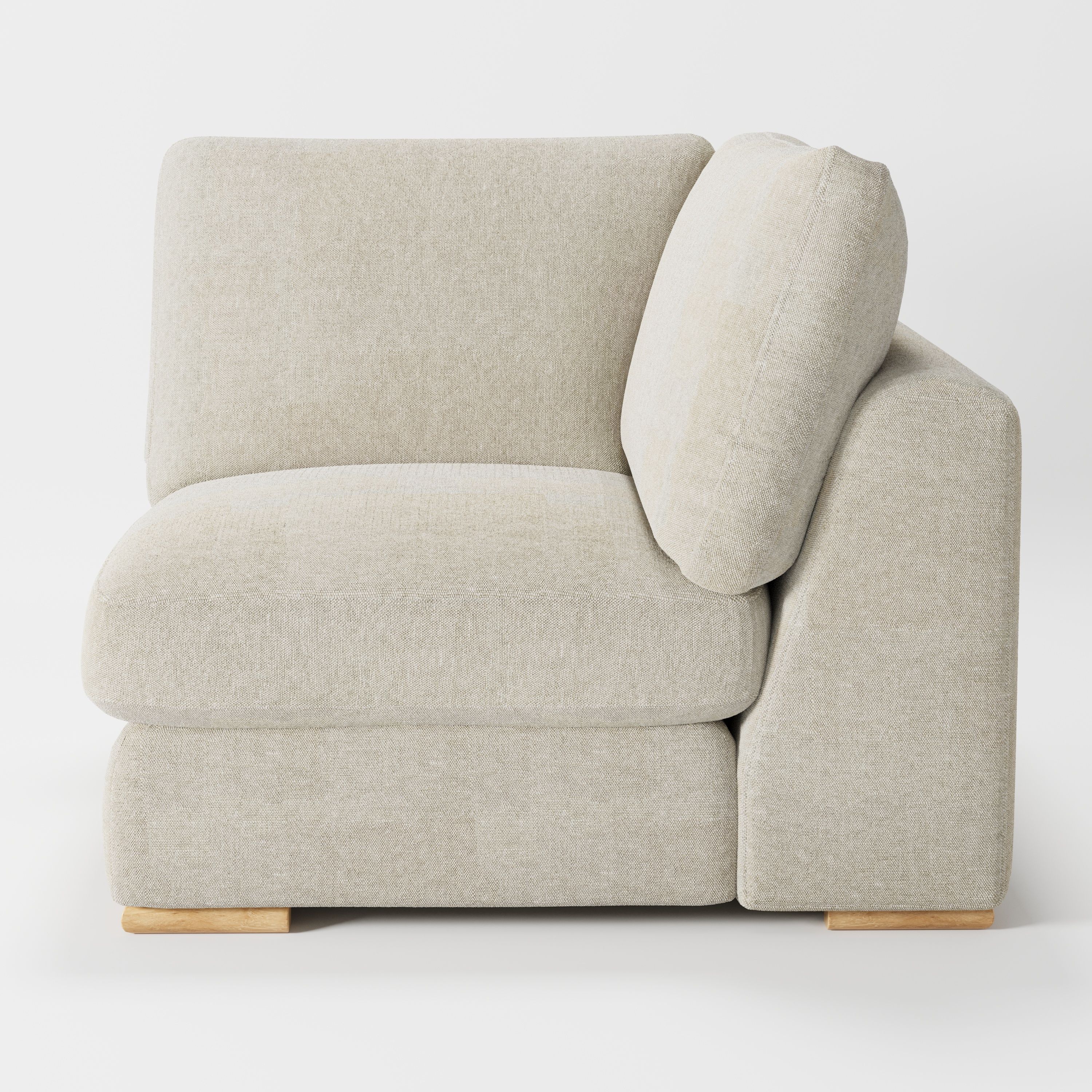 Olton corner unit in Alderney linen oatmeal fabric, right side view emphasising seat depth and breathable texture
