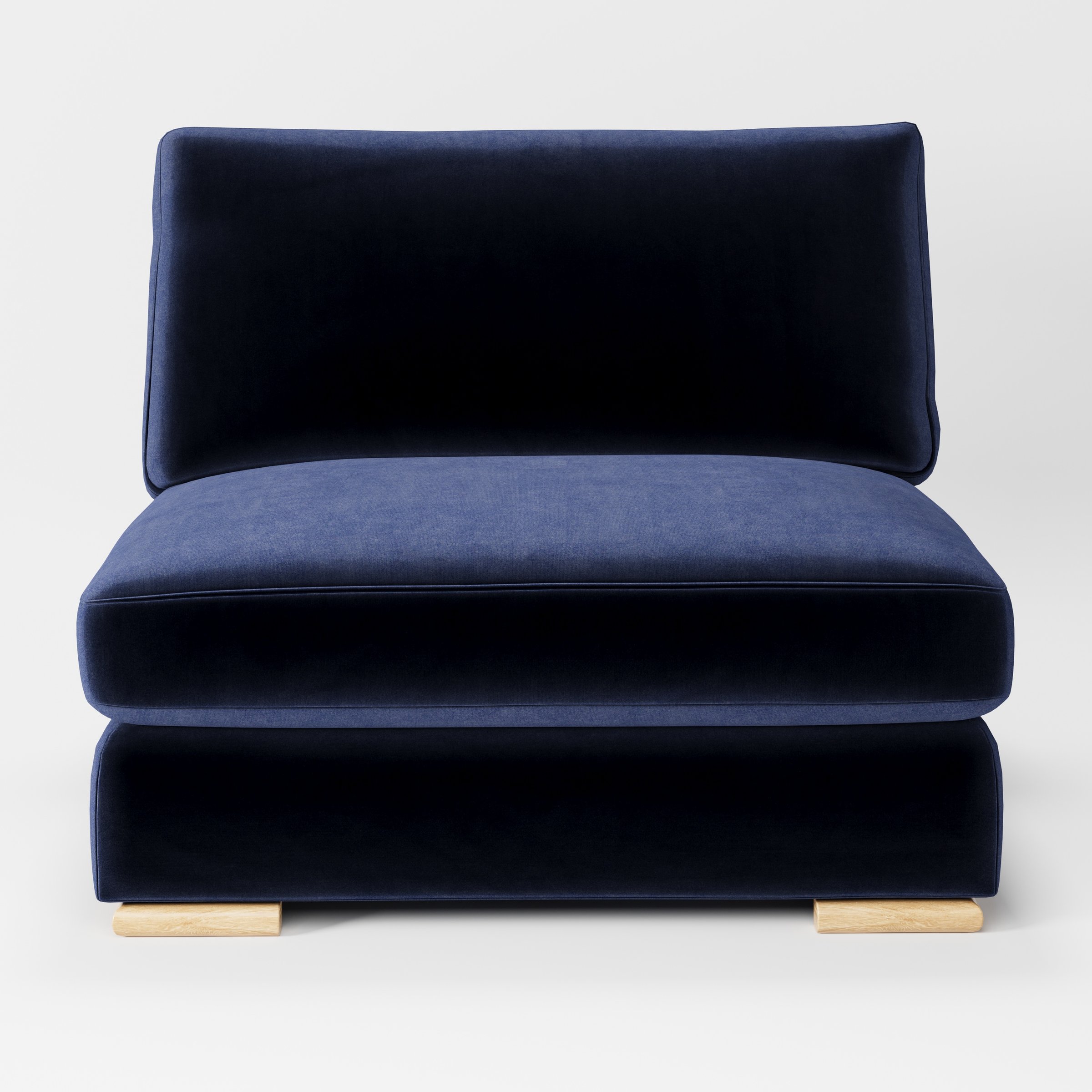 Olton single sofa unit in Noss Velvet Navy shown from the front with a deep seat cushion, separate back cushion and visible timber feet.