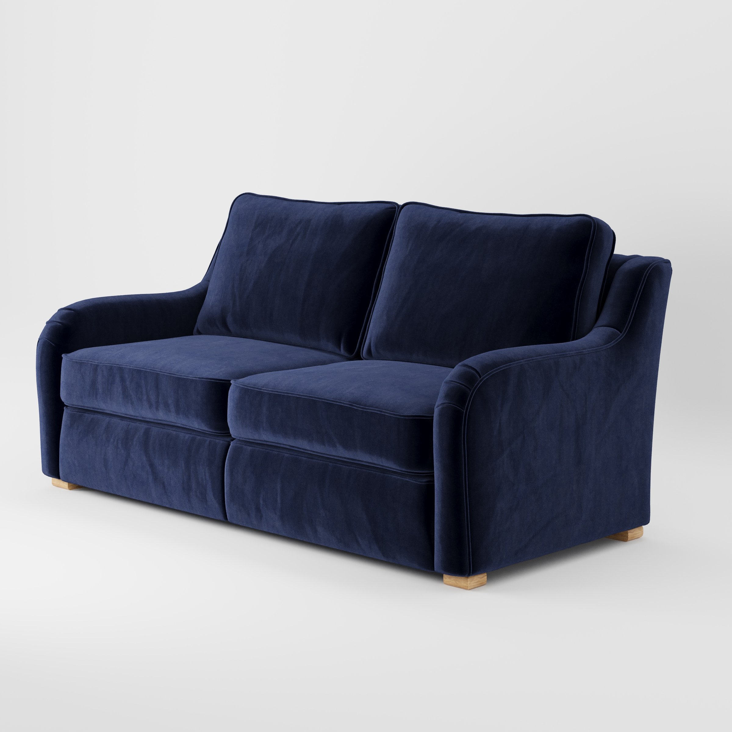 Cashel sofa in Noss Velvet Navy shown at a diagonal angle highlighting arm profile and seat depth.
