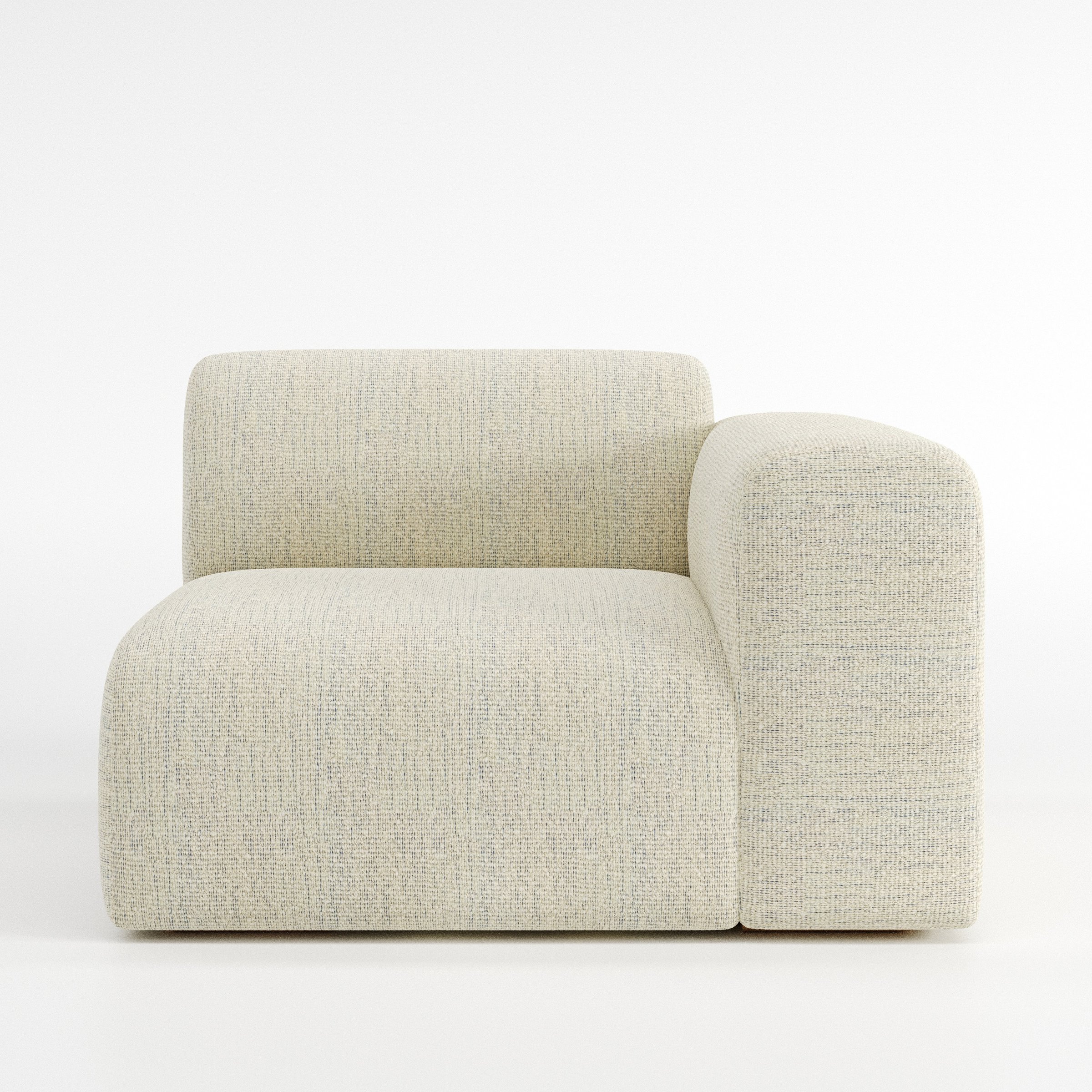 Drumquin modular sofa right side unit in Orsay Bouclé Cream and Marine shown from the front with a low, deep seat and a rounded right armrest.