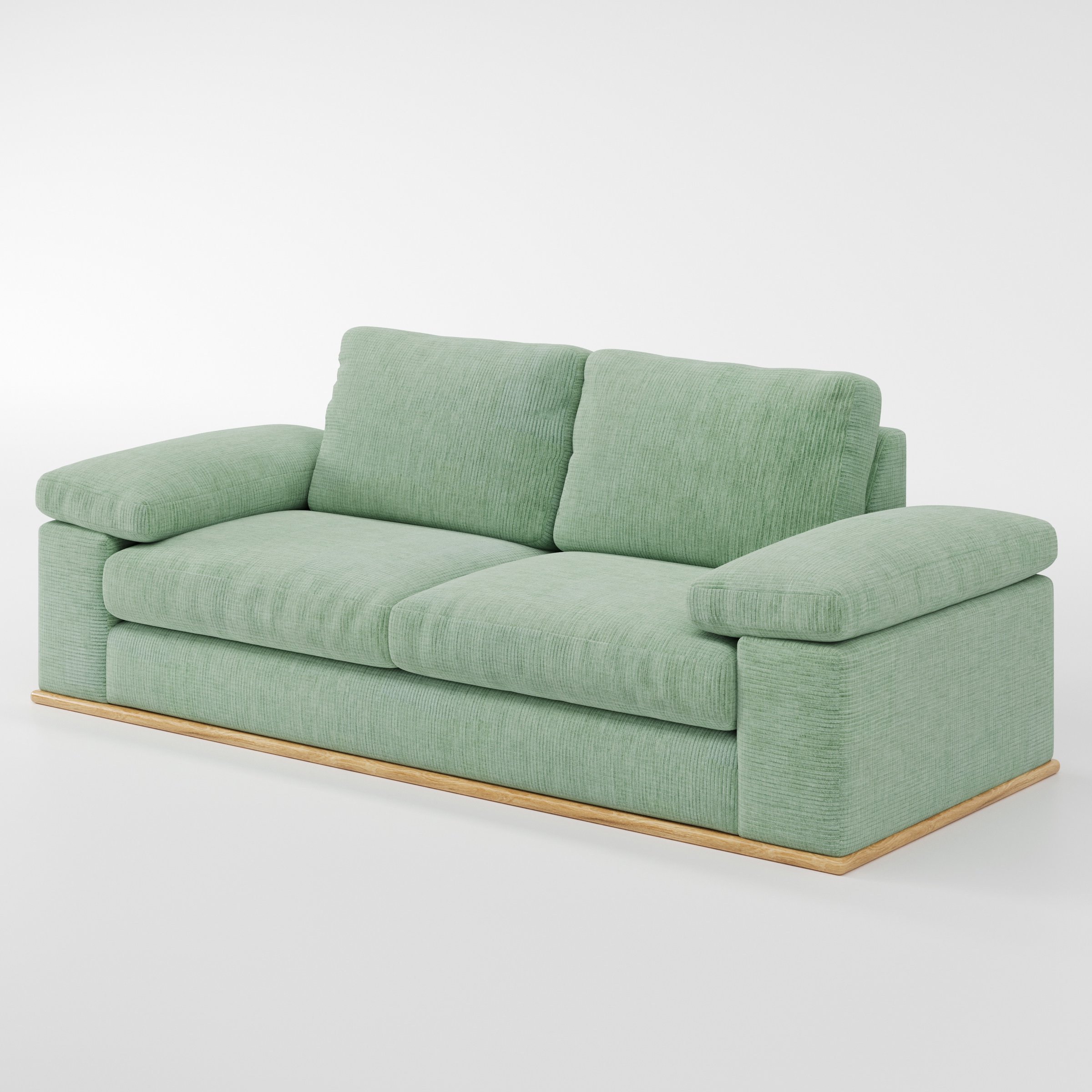 Cusher sofa in Caldey Velvet Corduroy Eucalyptus shown at a diagonal angle highlighting arm profile and seat depth.