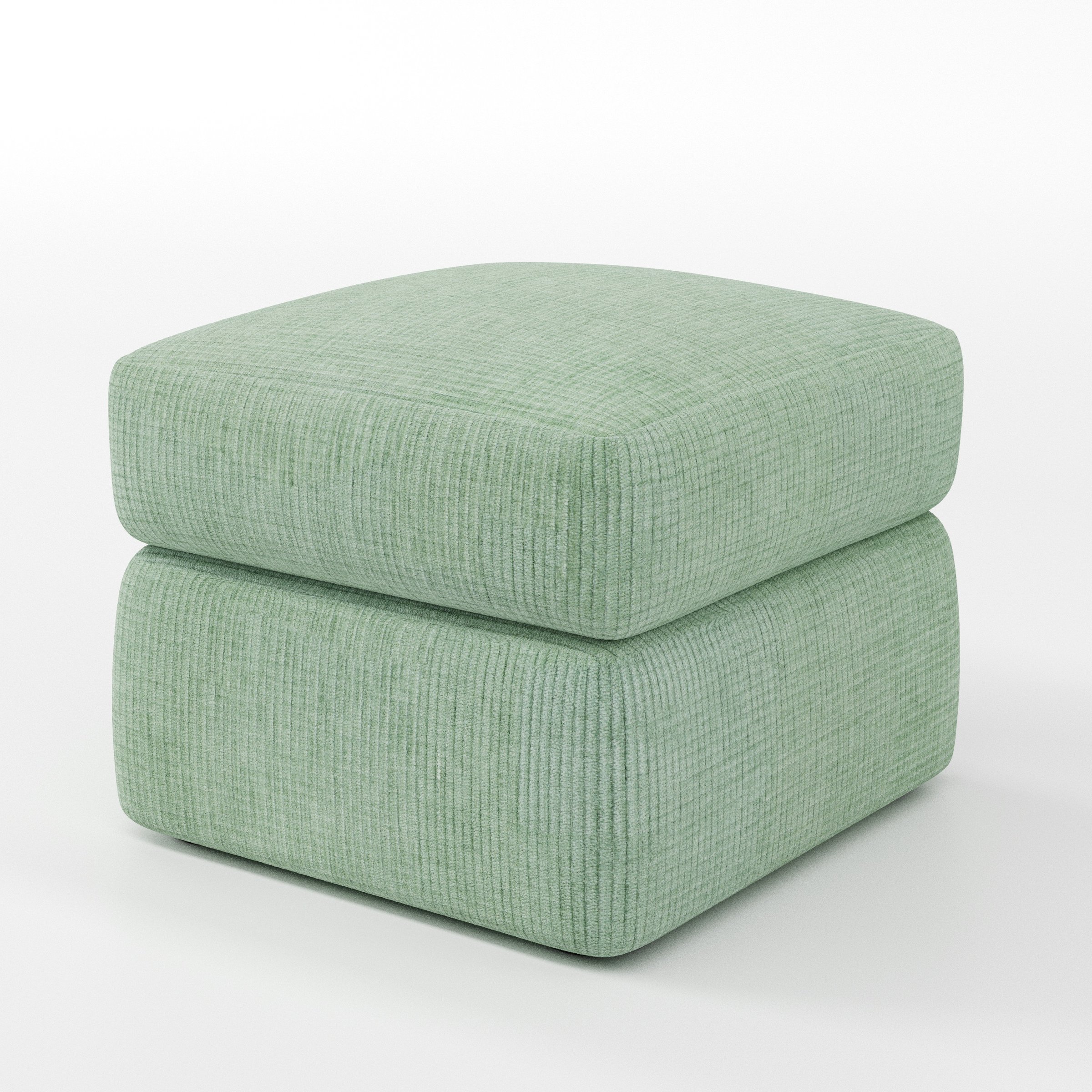 Coniston footstool in Caldey Velvet Corduroy Eucalyptus shown at a diagonal angle highlighting clean lines and deep cushioning.