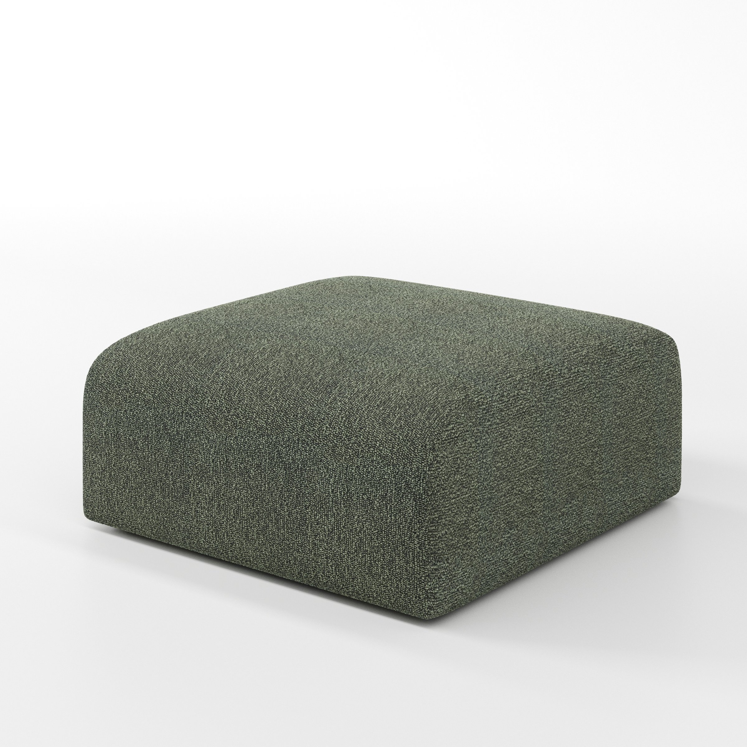 Drumquin footstool in Kilda Boucle Moss shown at a diagonal angle highlighting smooth sides and minimal silhouette.