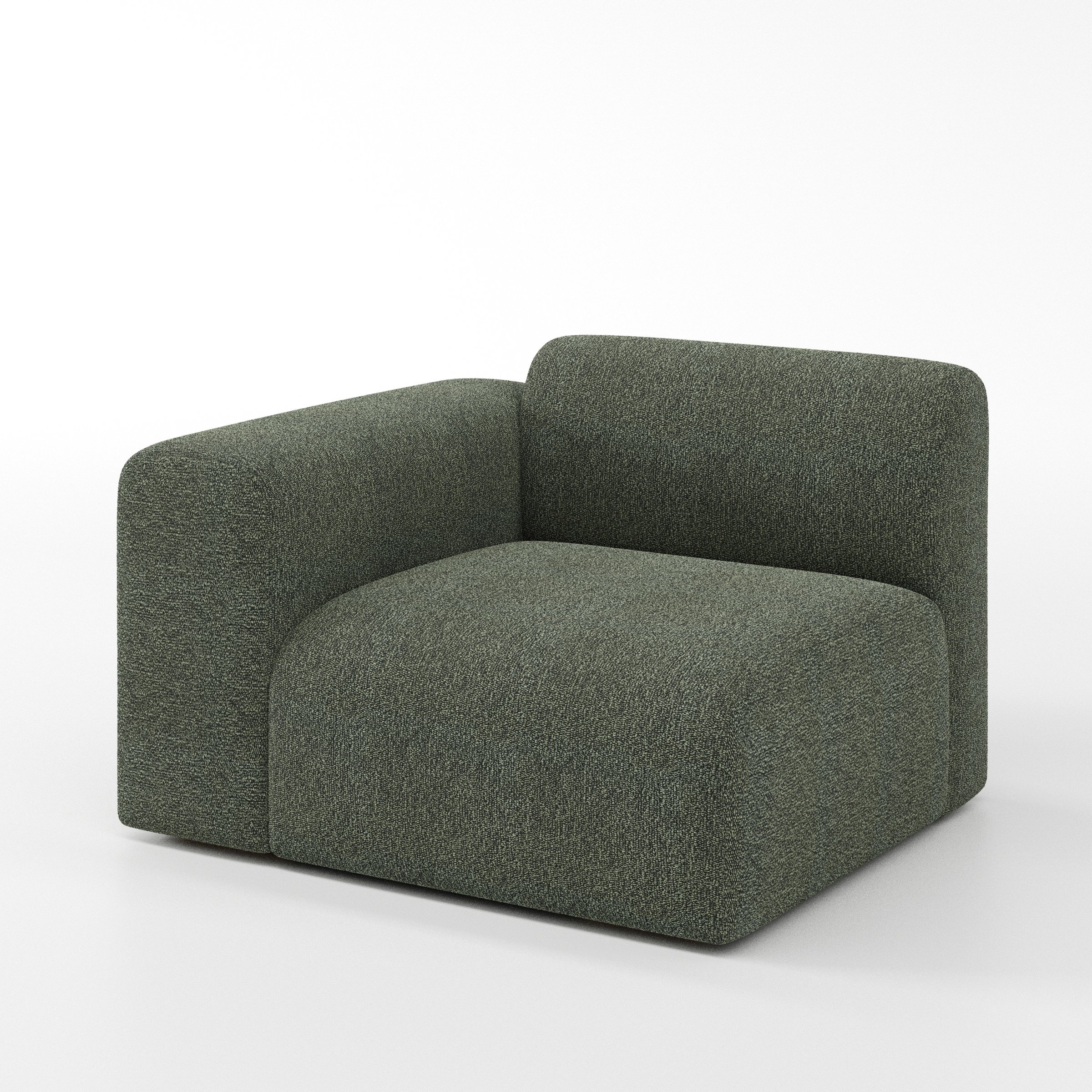 Drumquin modular sofa left side unit in Kilda Bouclé Moss shown at a diagonal angle highlighting the curved left armrest and generous seat depth.