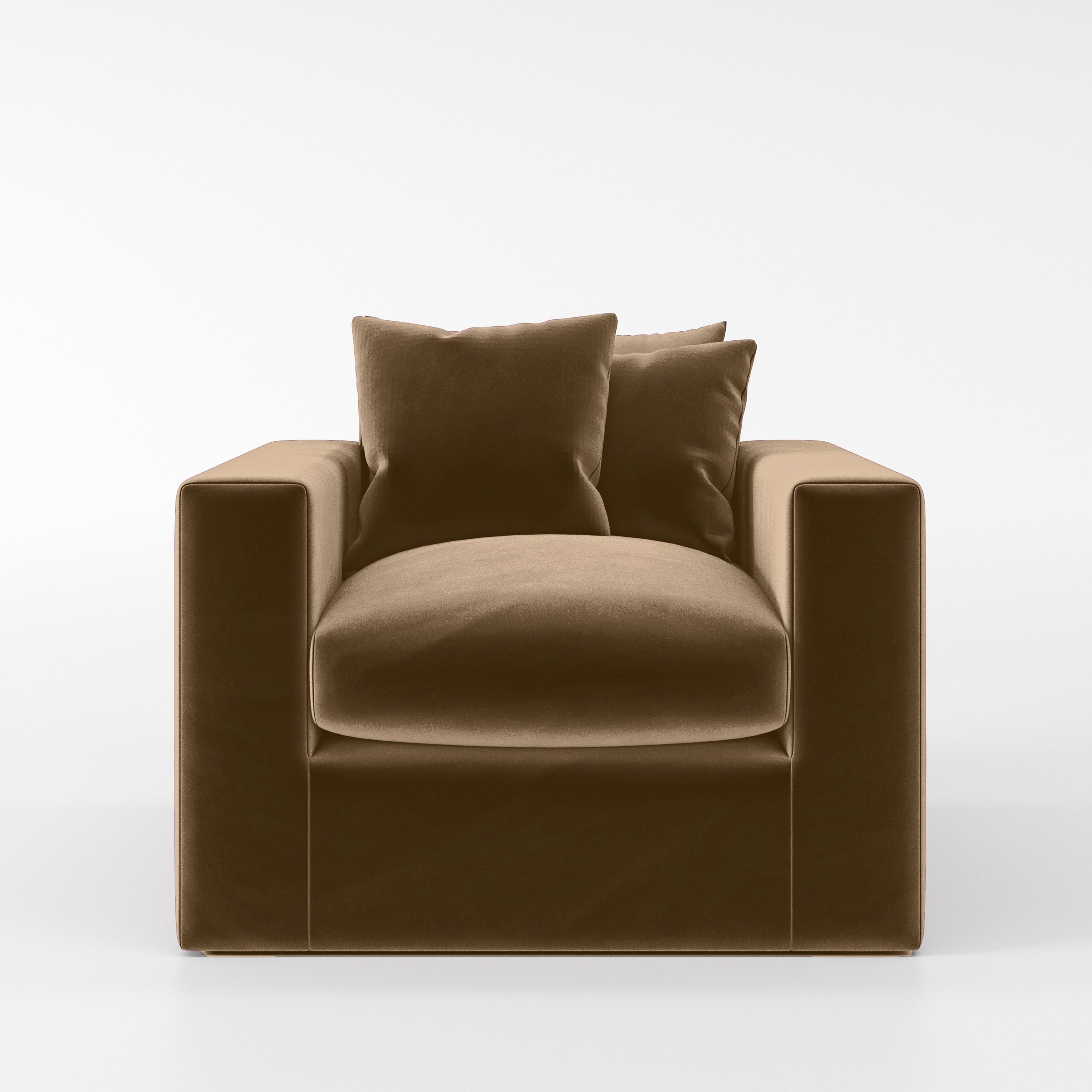 Front view of the Coniston armchair upholstered in Plush EasyClean Velvet in Caribou.