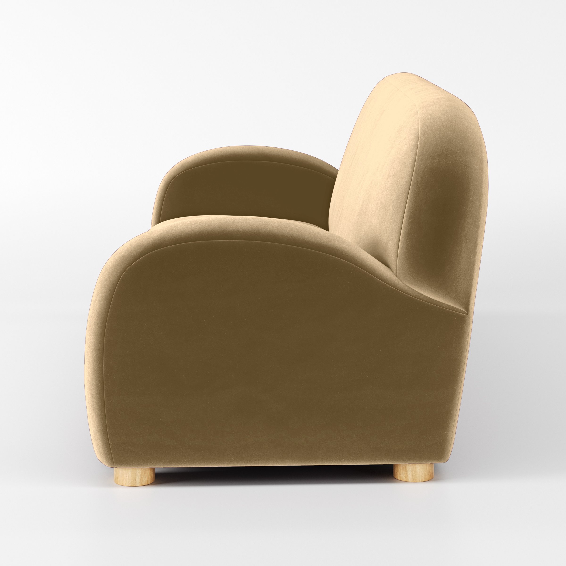 Side view of the Awe sofa upholstered in Plush EasyClean Velvet in Cafe.