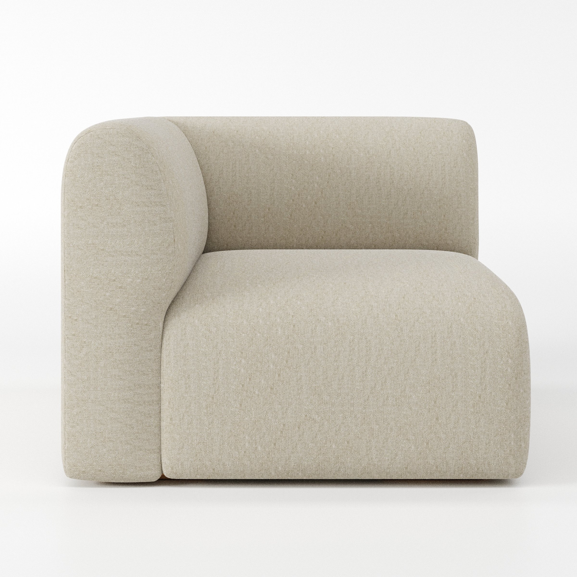 Drumquin modular sofa corner unit in Alderney Linen Oatmeal shown from the left highlighting the wraparound back and soft, sculpted form.