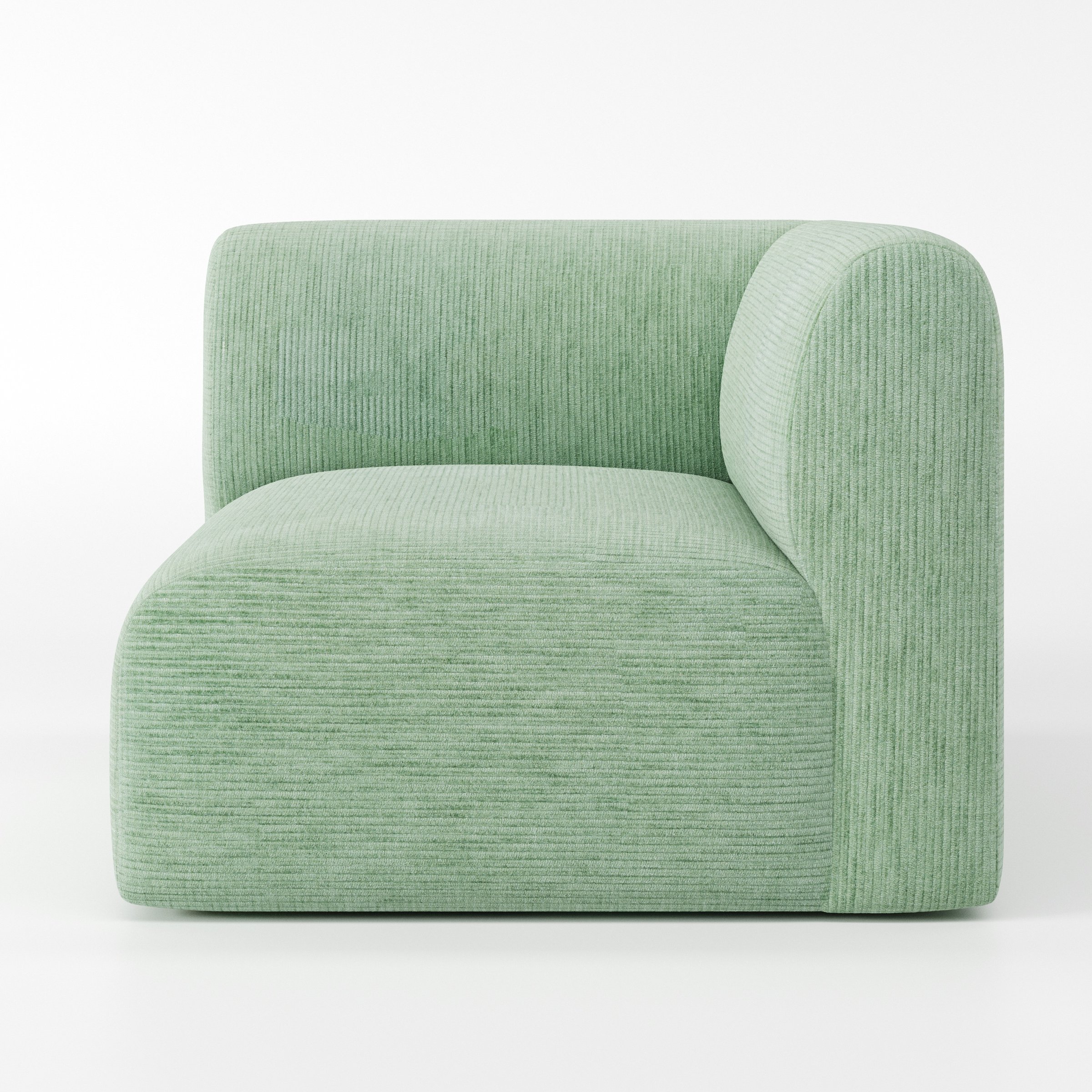 Drumquin modular sofa corner unit in Caldey Velvet Corduroy Eucalyptus shown from the right highlighting the wraparound back and soft, sculpted form.