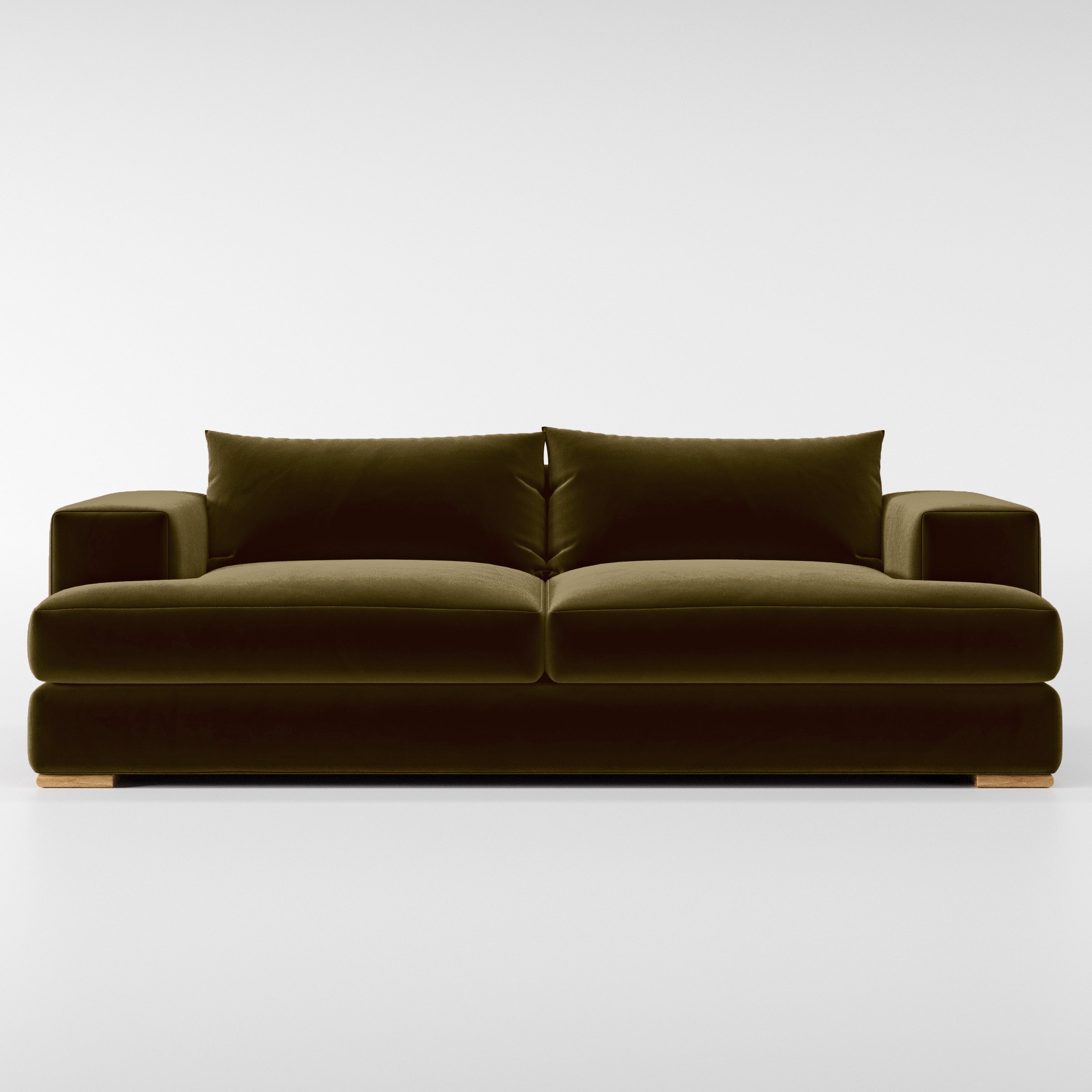 Front view of the Fane sofa upholstered in Plush EasyClean Velvet in Cedar.