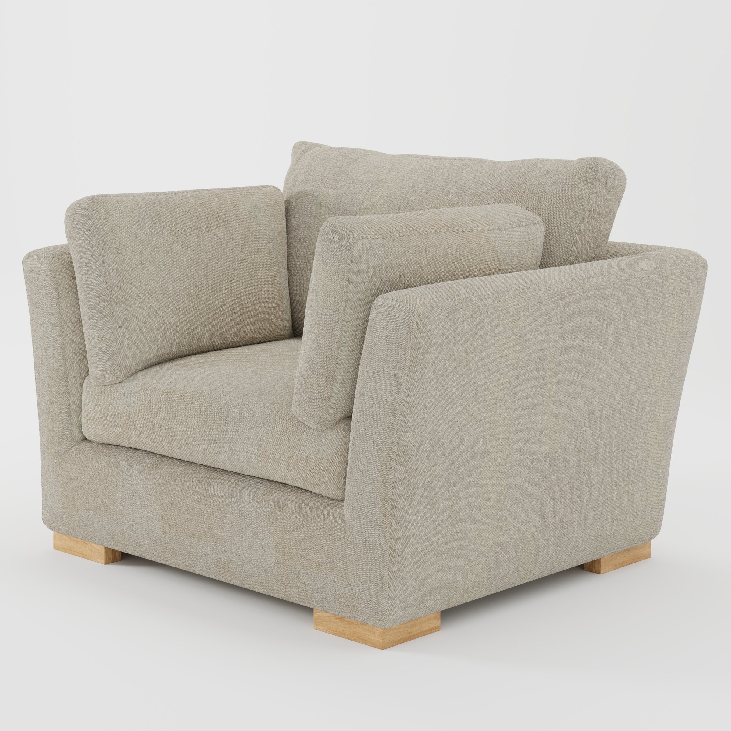 Stowe armchair in Alderney Linen Oatmeal shown at a diagonal angle highlighting splayed arms and seat depth.