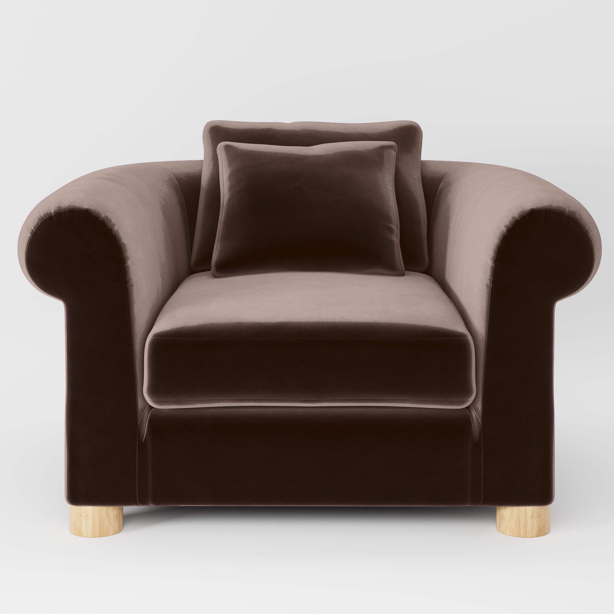 Front view of the Windermere armchair upholstered in Plush EasyClean Velvet in Mole.